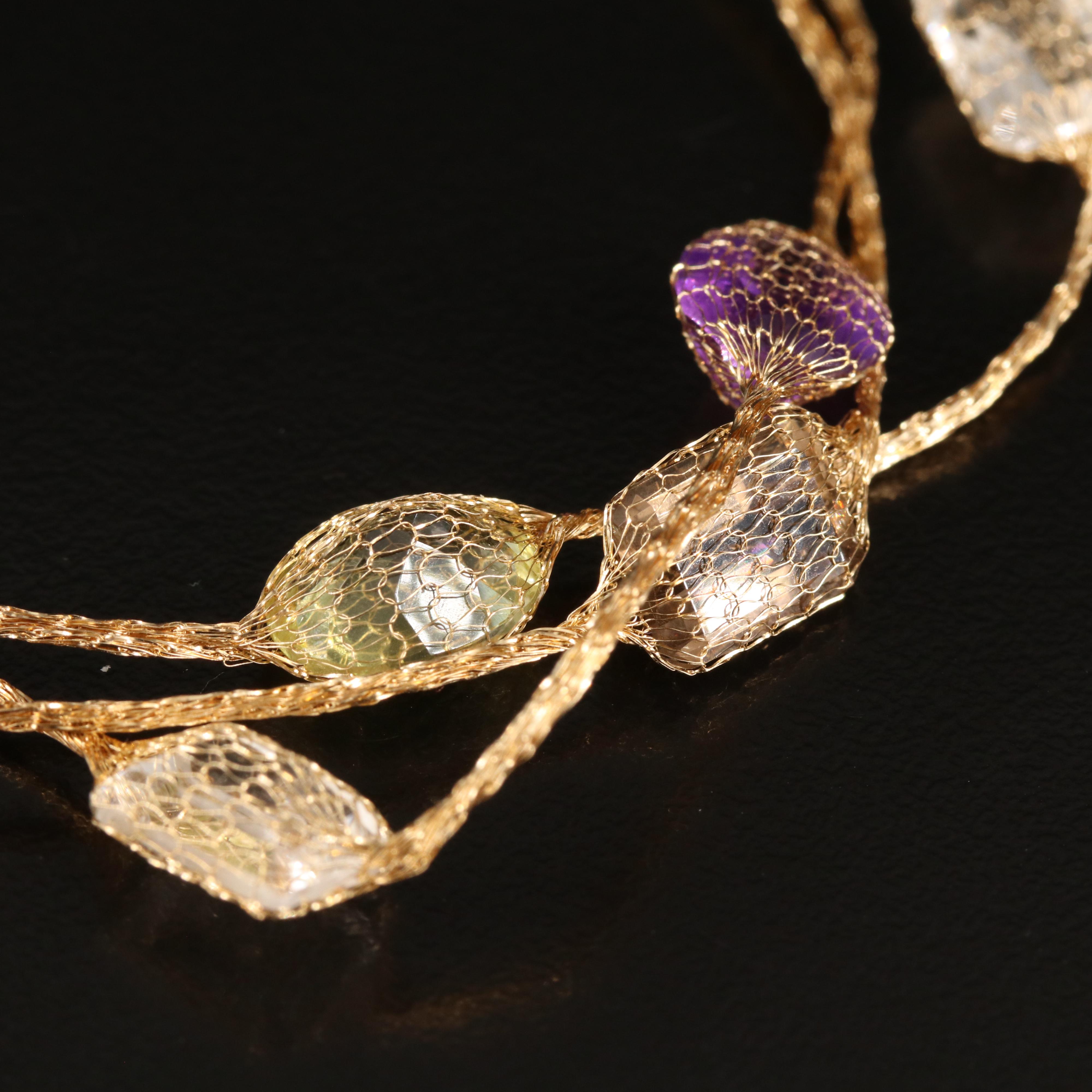 14K Amethyst, Citrine, Smoky Quartz and Rock Crystal Quartz Mesh Bracelet