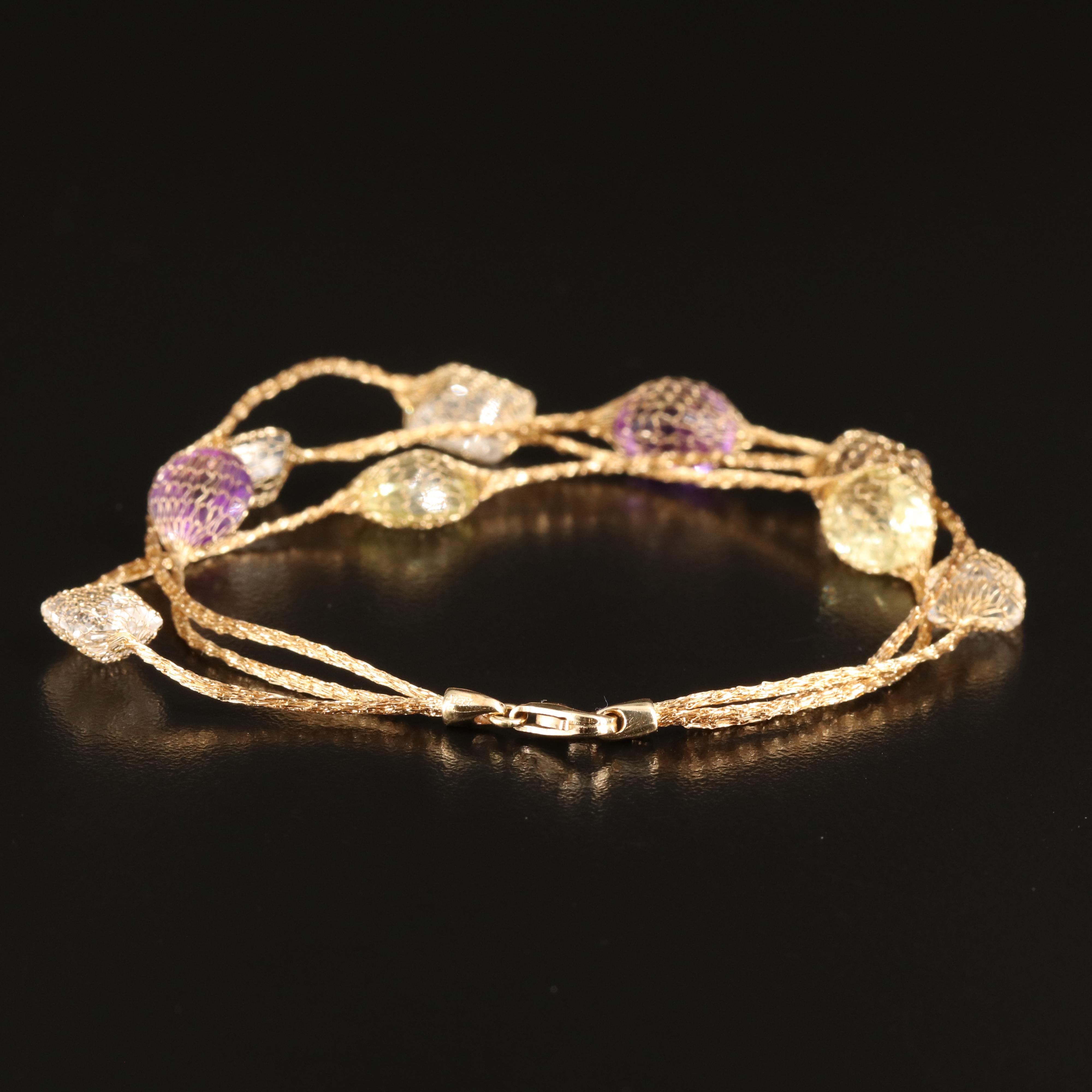 14K Amethyst, Citrine, Smoky Quartz and Rock Crystal Quartz Mesh Bracelet
