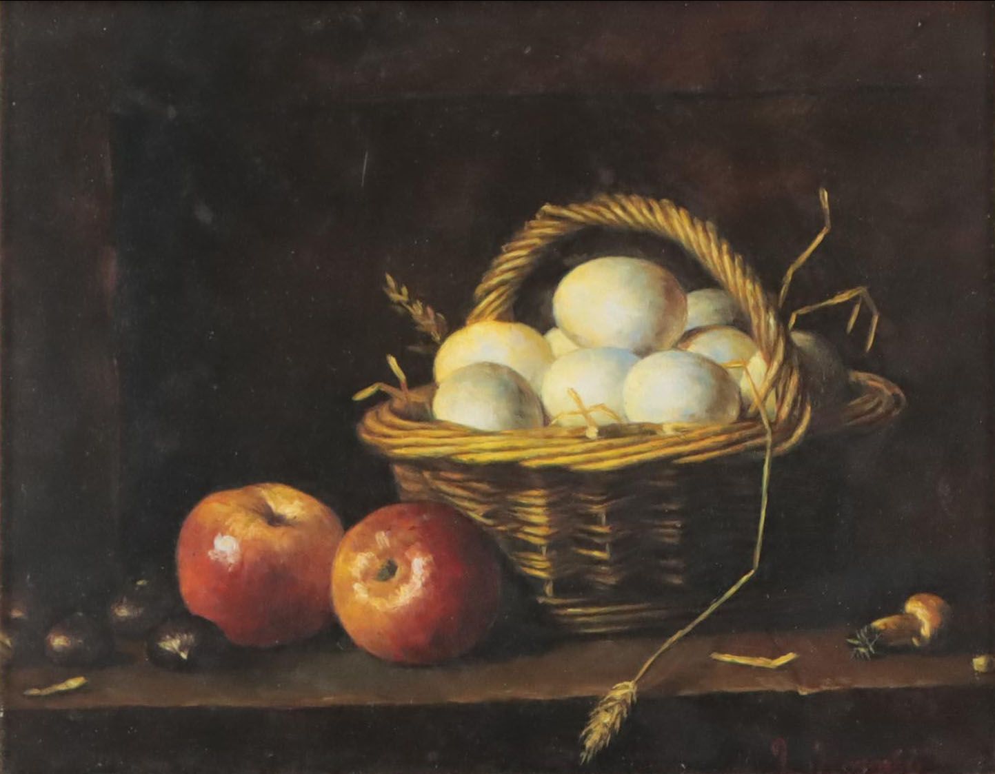 Still Life Oil Painting of Eggs and Apples