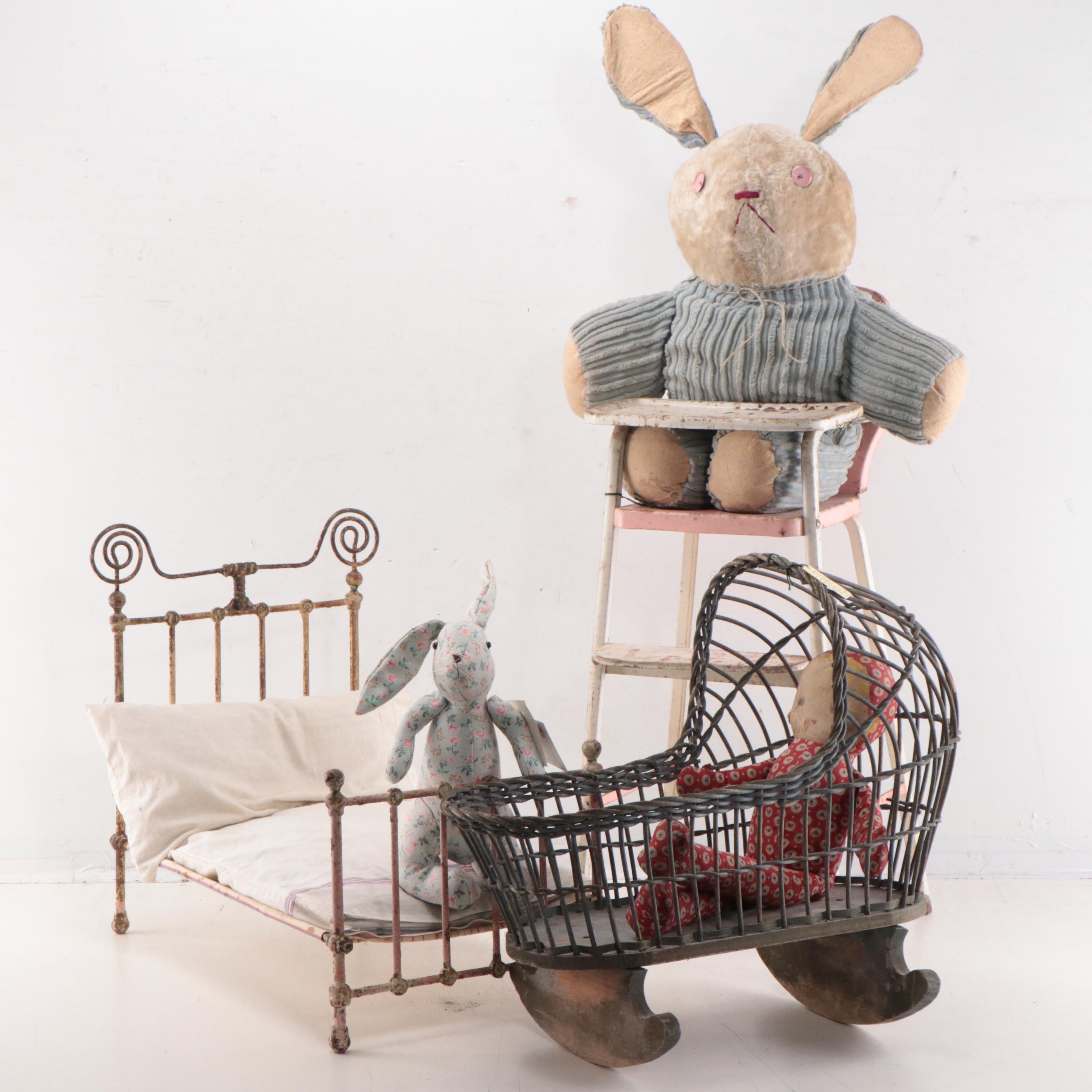 Assorted Toys Including High Chair, Doll Bed and Stuffed Animals