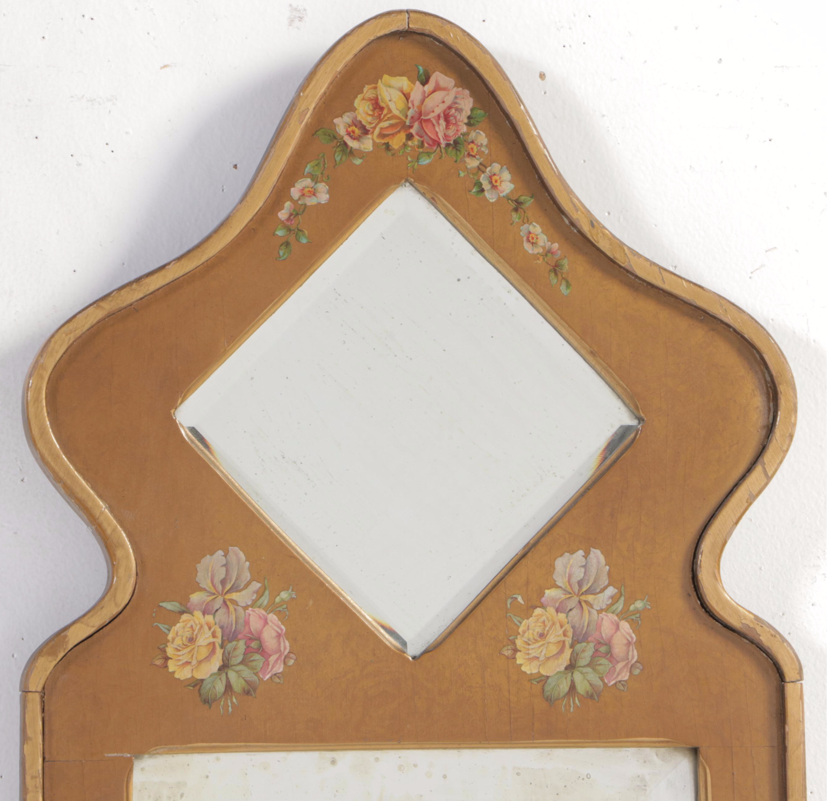 Giltwood Two-Pane Mirror with Floral Decals, Early 20th Century