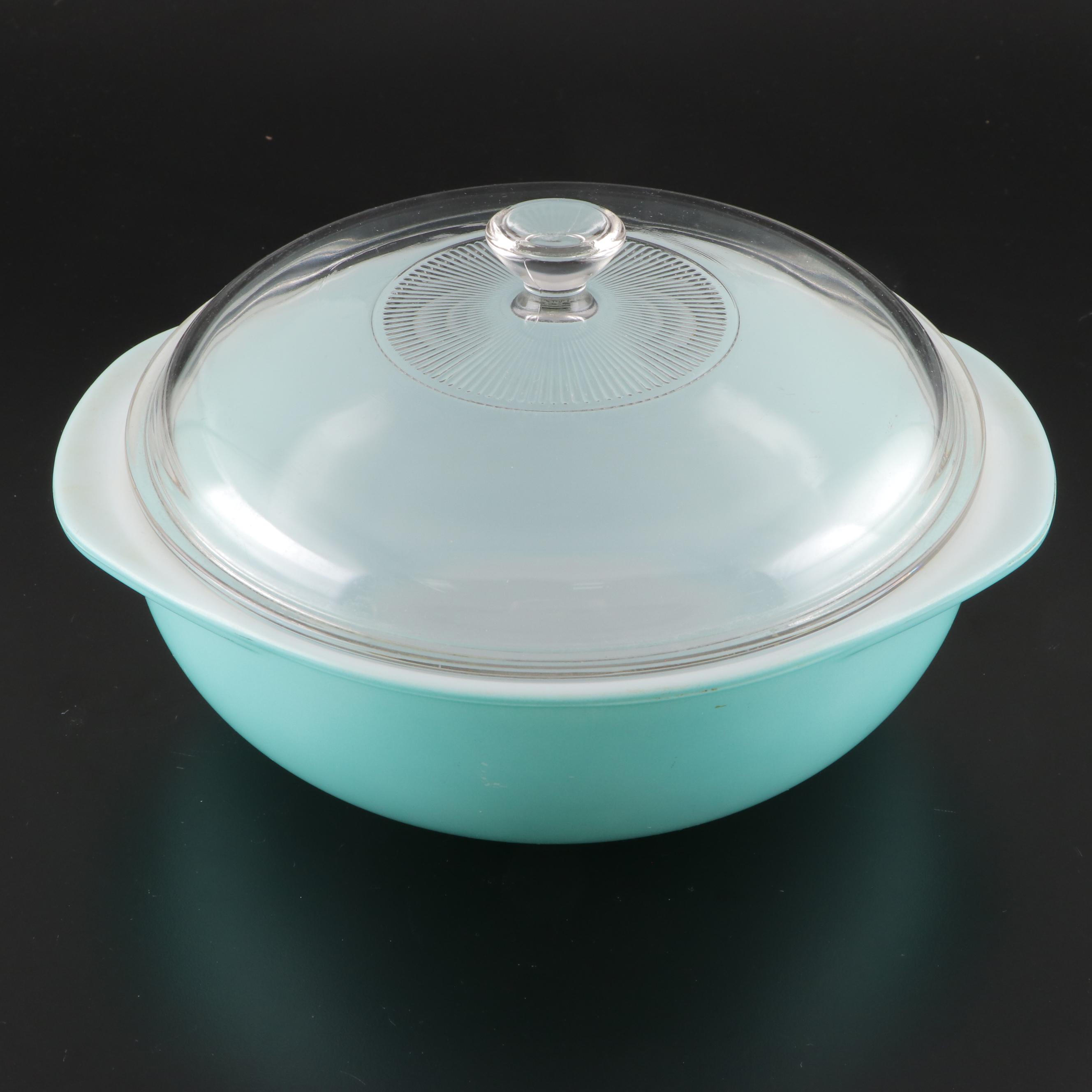 Pyrex Turquoise Mixing Bowls and Round Casserole with Lid, Mid-20th Century