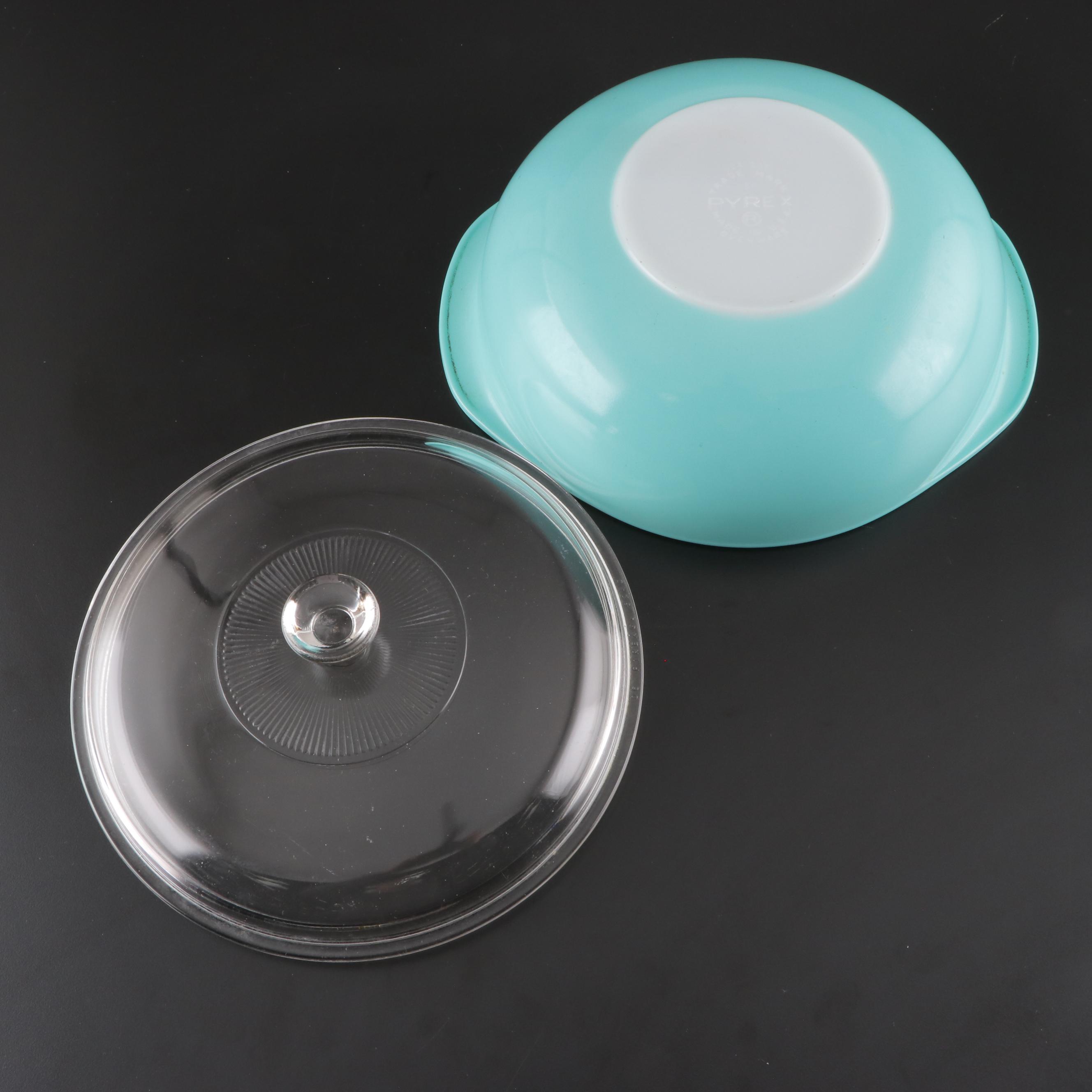 Pyrex Turquoise Mixing Bowls and Round Casserole with Lid, Mid-20th Century
