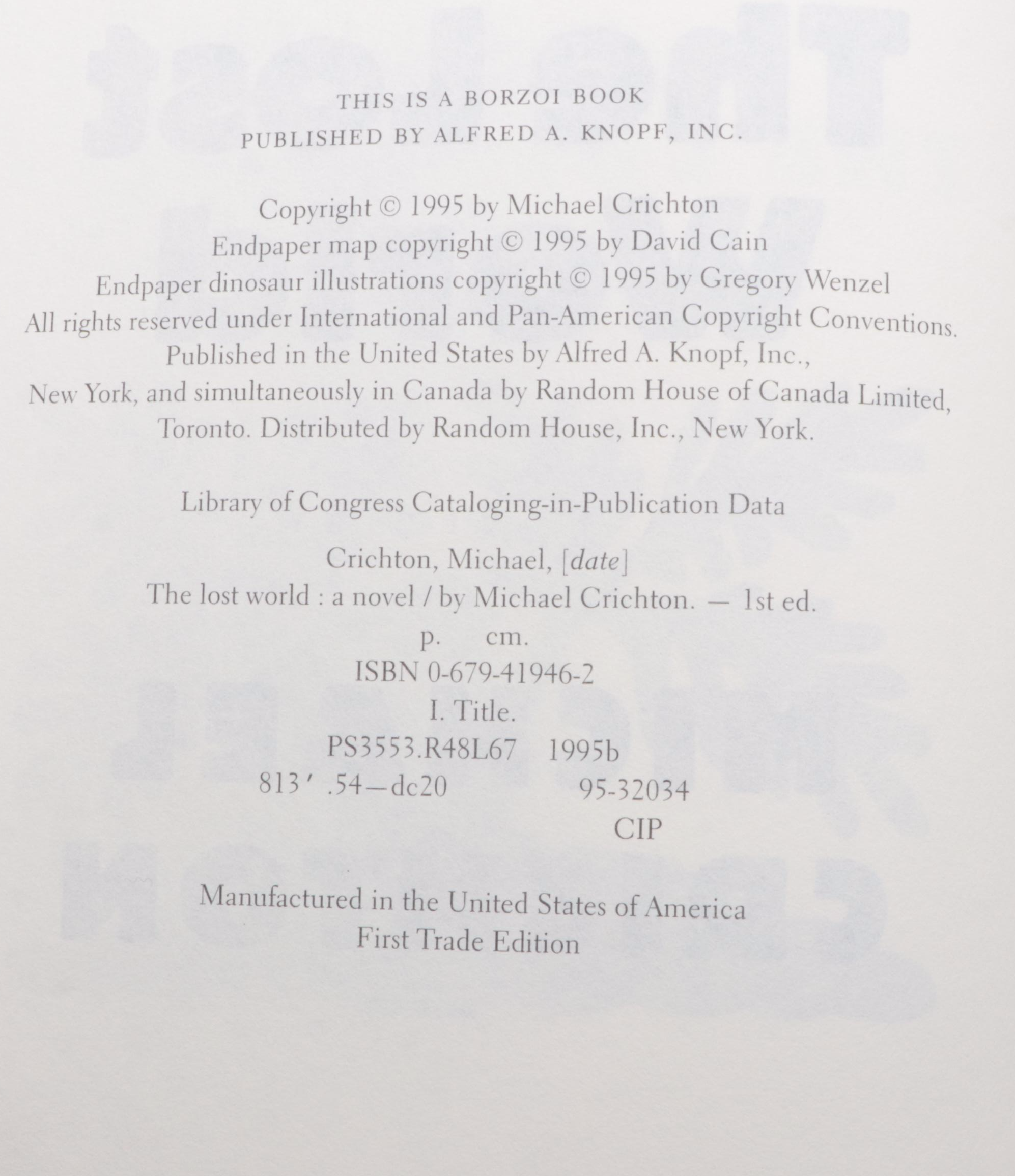 First Trade Edition "The Lost World" by Michael Crichton, 1995