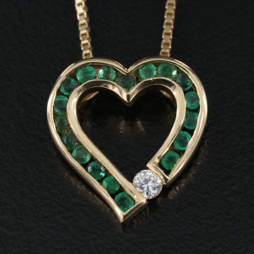 14K Diamond and Emerald Heart Necklace