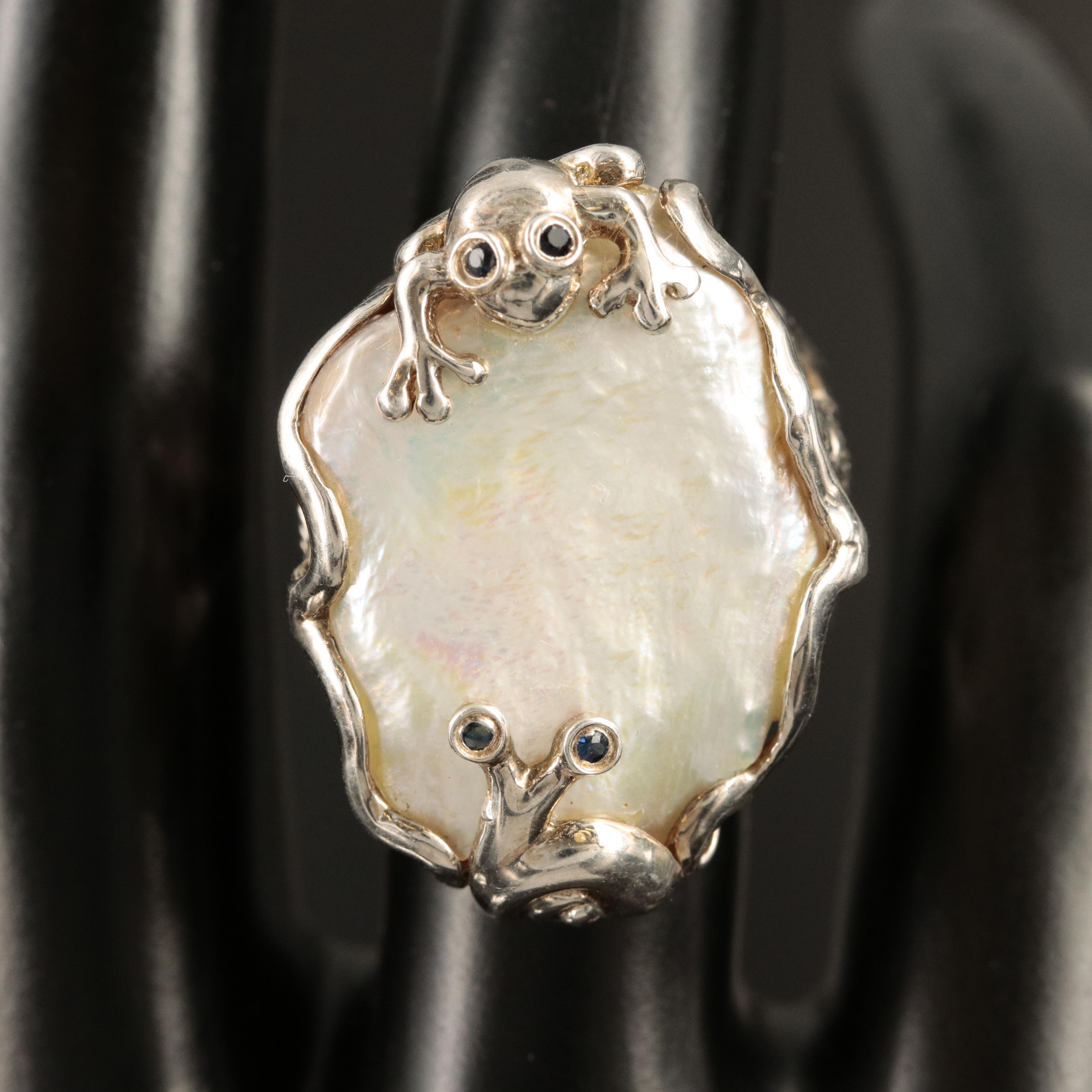 Sterling Pearl and Sapphire Sea Life Ring