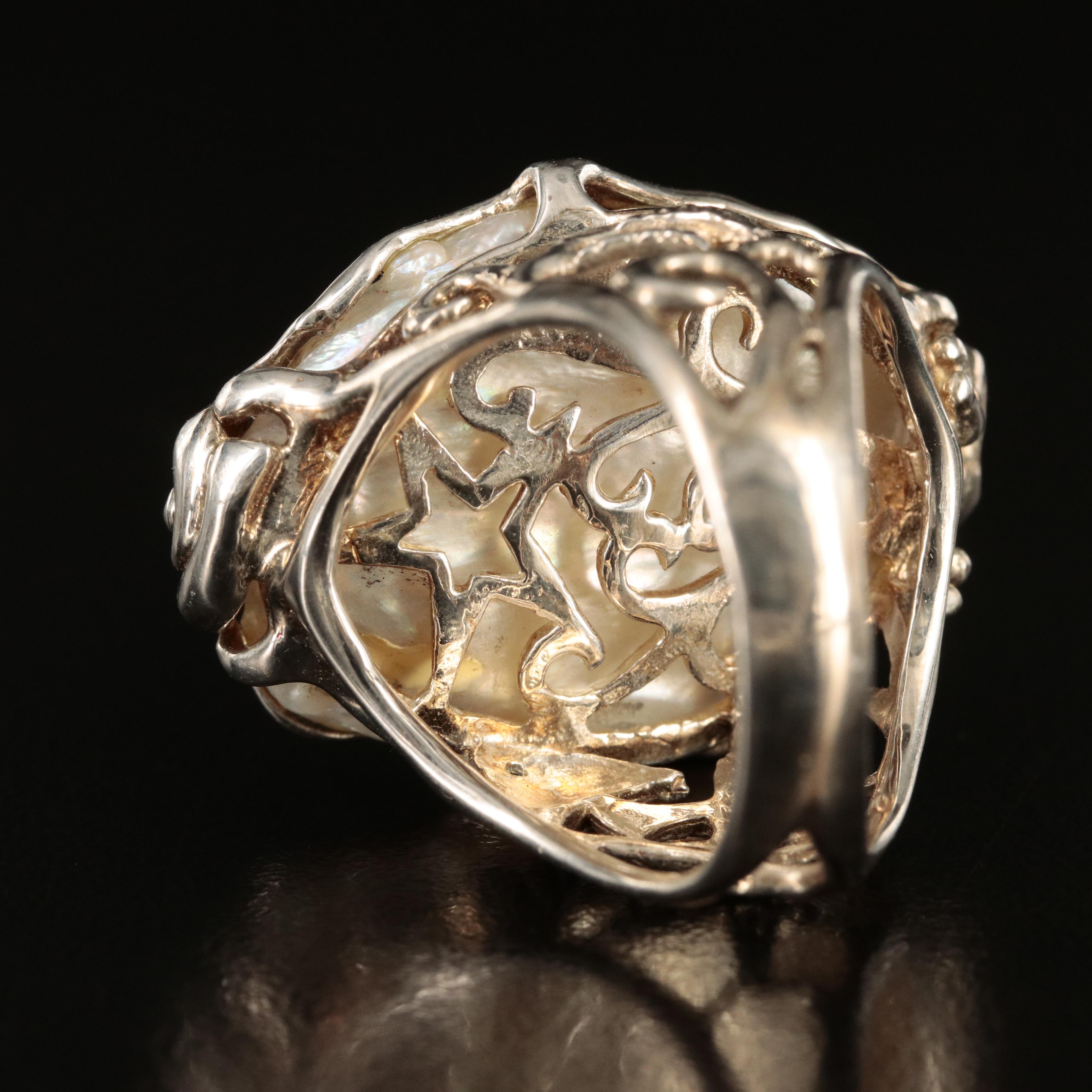 Sterling Pearl and Sapphire Sea Life Ring