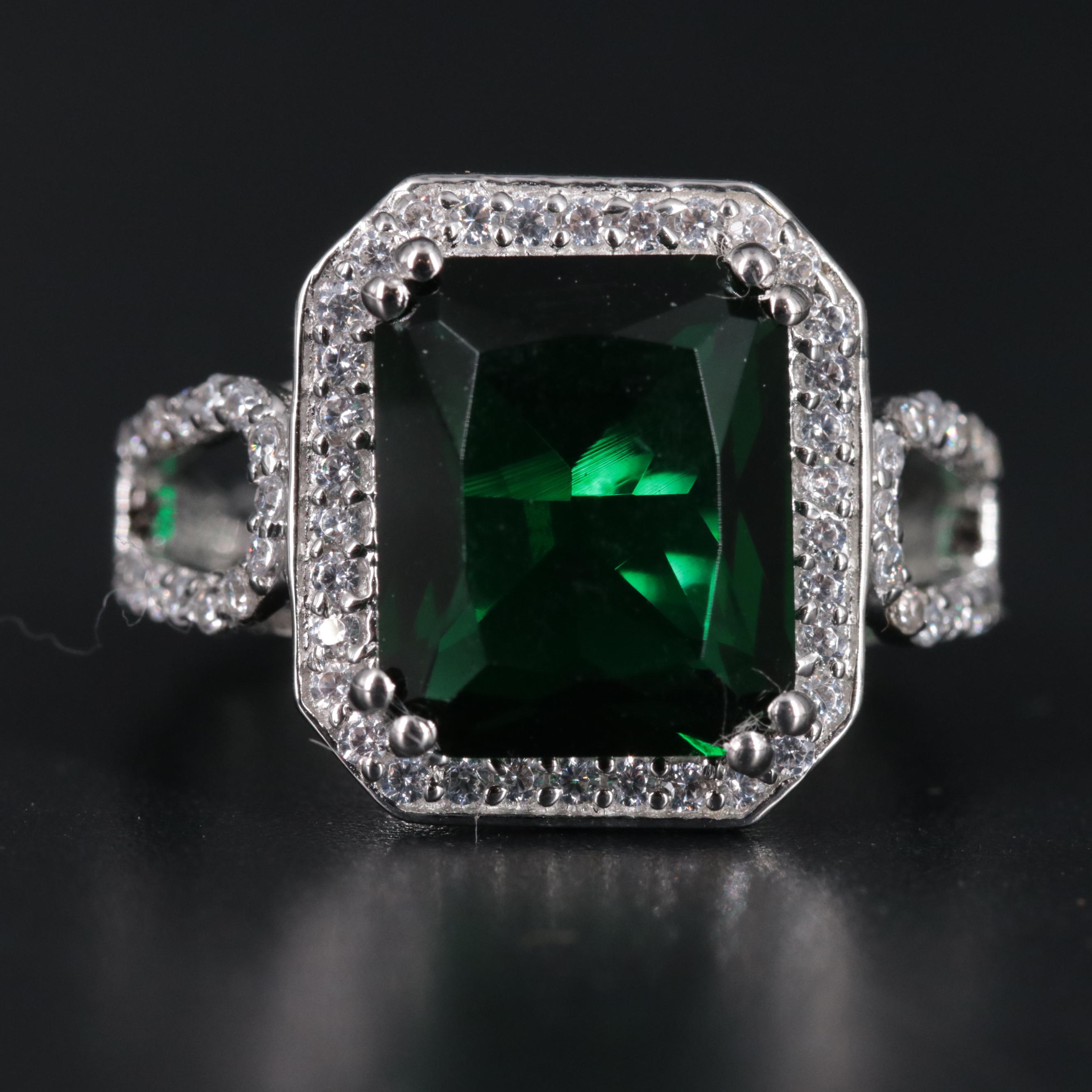 Sterling Silver Emerald and Cubic Zirconia Ring