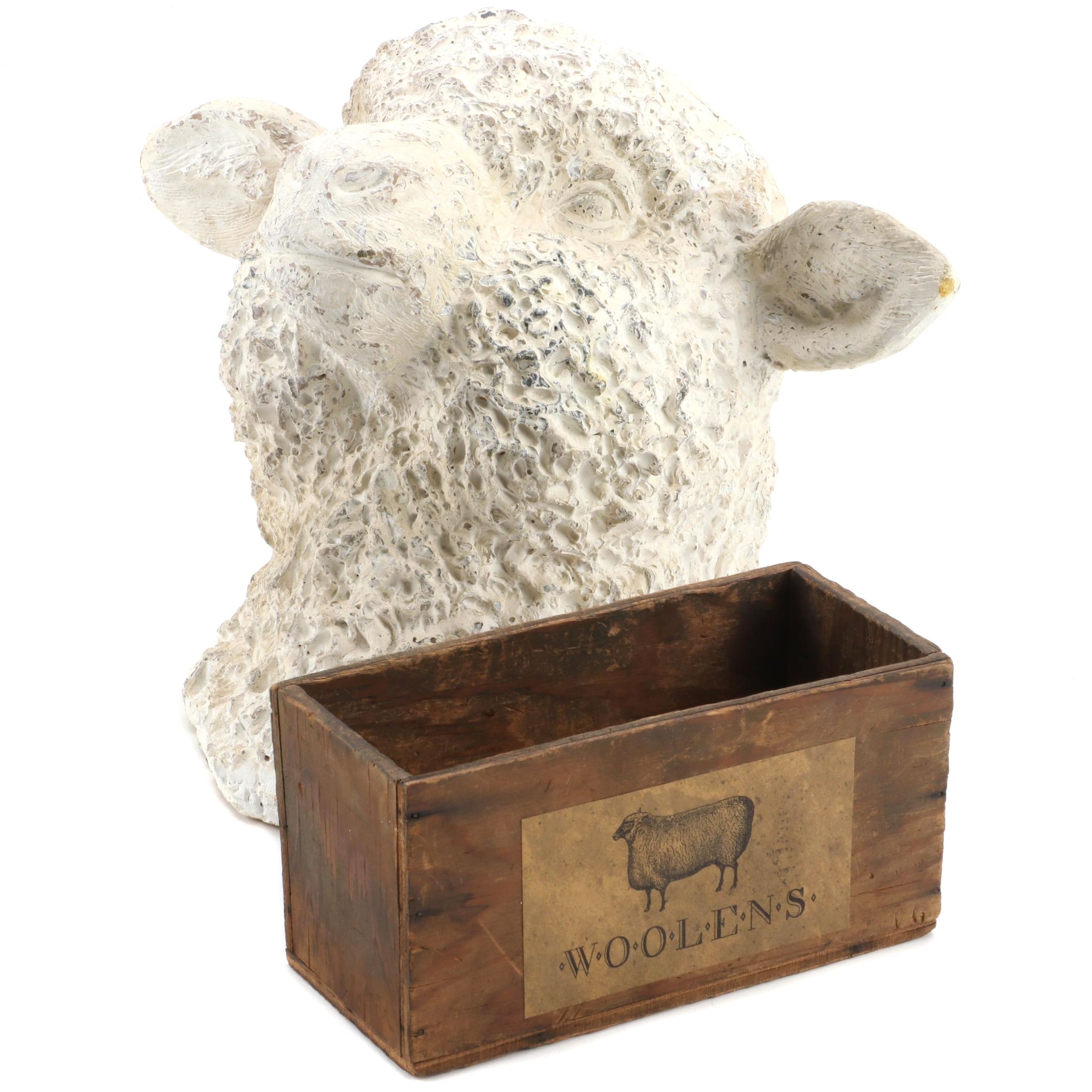 Plaster Wall Sculpture of a Sheep With Primitive Wood Box