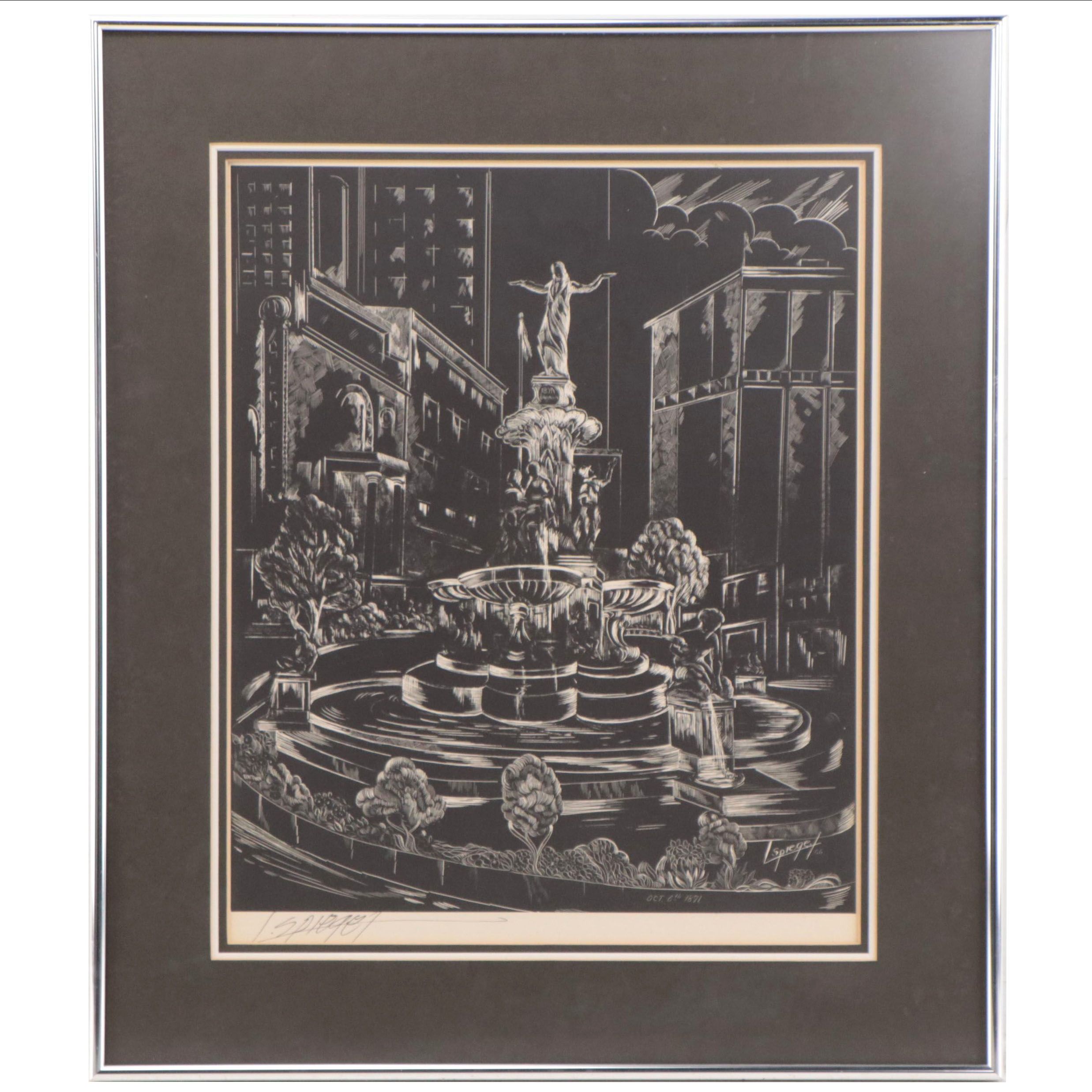 Louis Spiegel Linoleum Cut of Cincinnati Fountain Square, Circa 1960