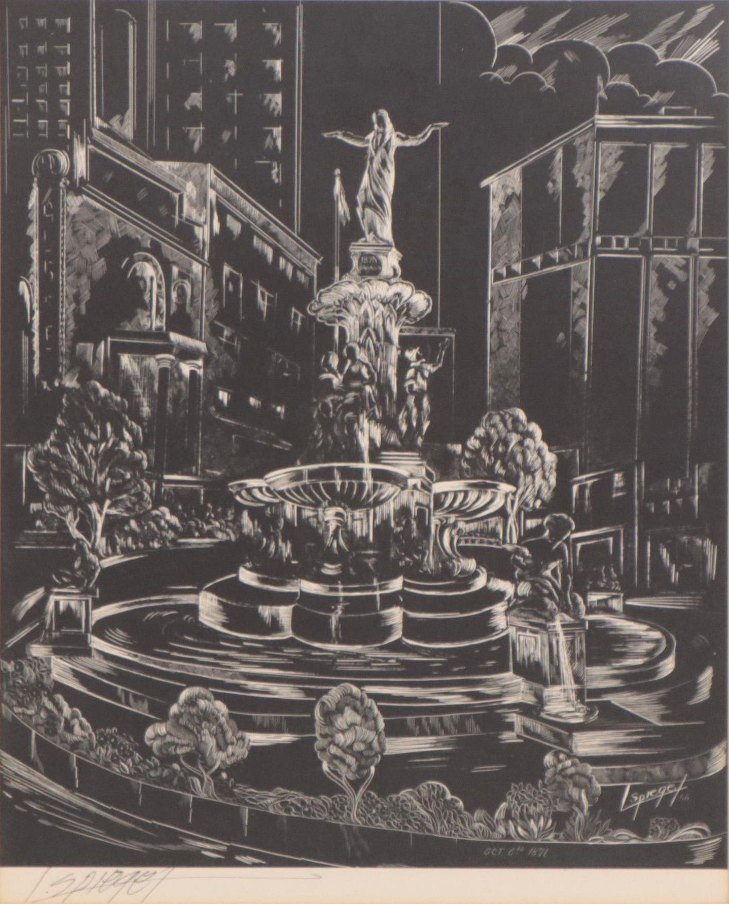 Louis Spiegel Linoleum Cut of Cincinnati Fountain Square, Circa 1960