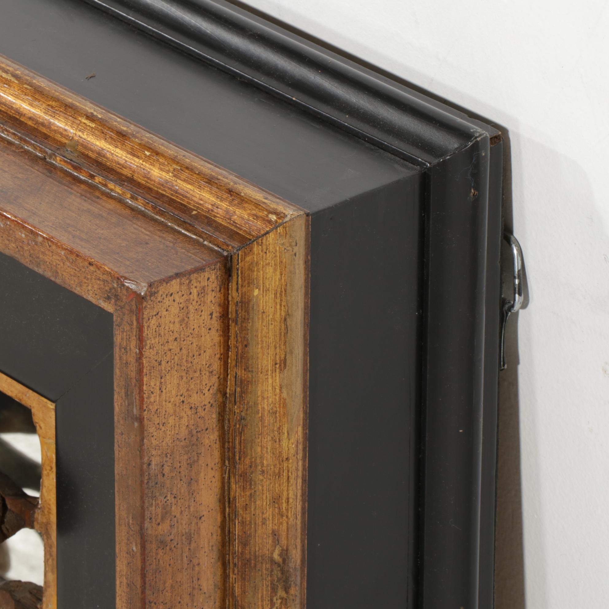 Asian Carved Wood Panel in Illuminated Mirror-Back Frame, Late 20th Century