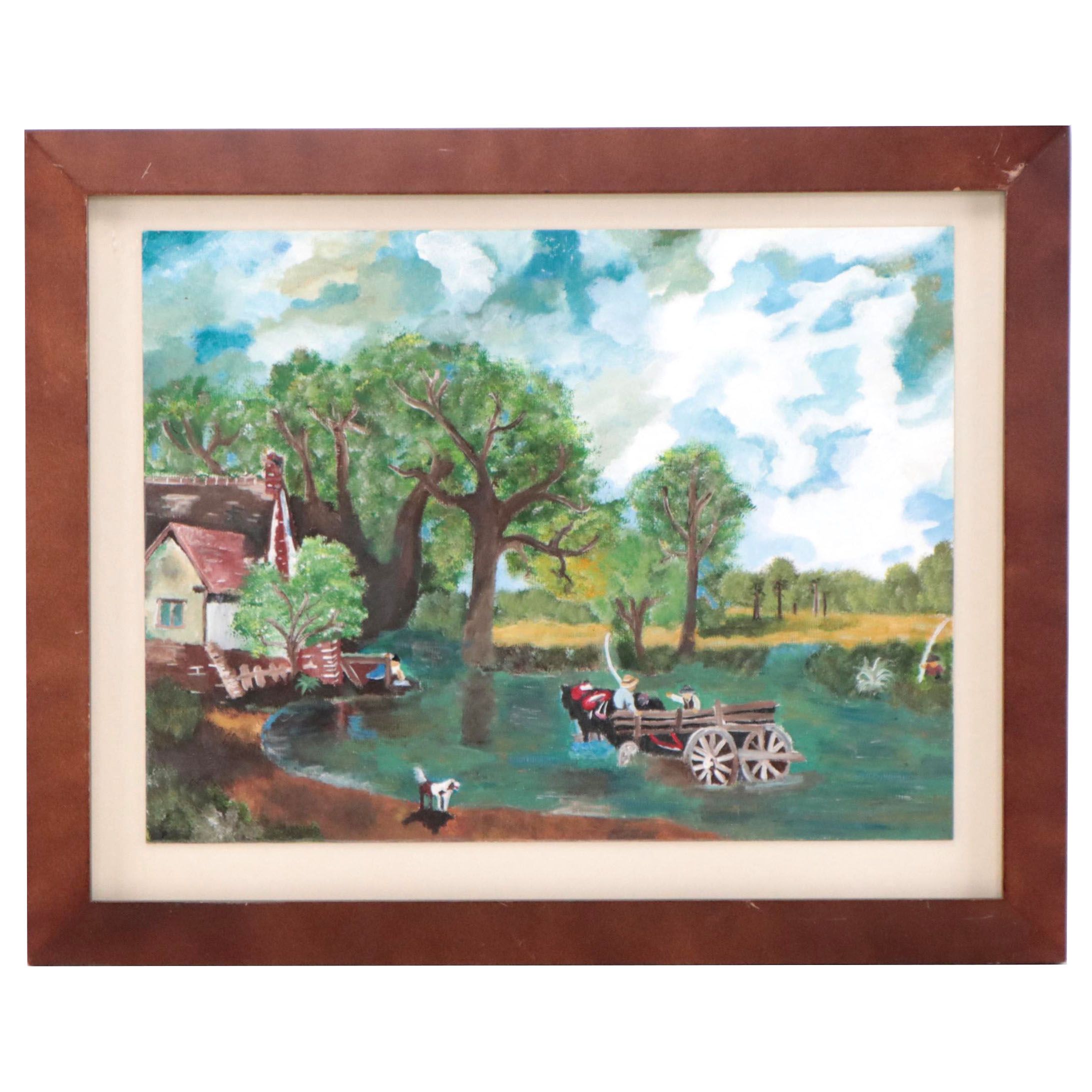 Folk Art Acrylic Painting After John Constable "The Hay Wain"