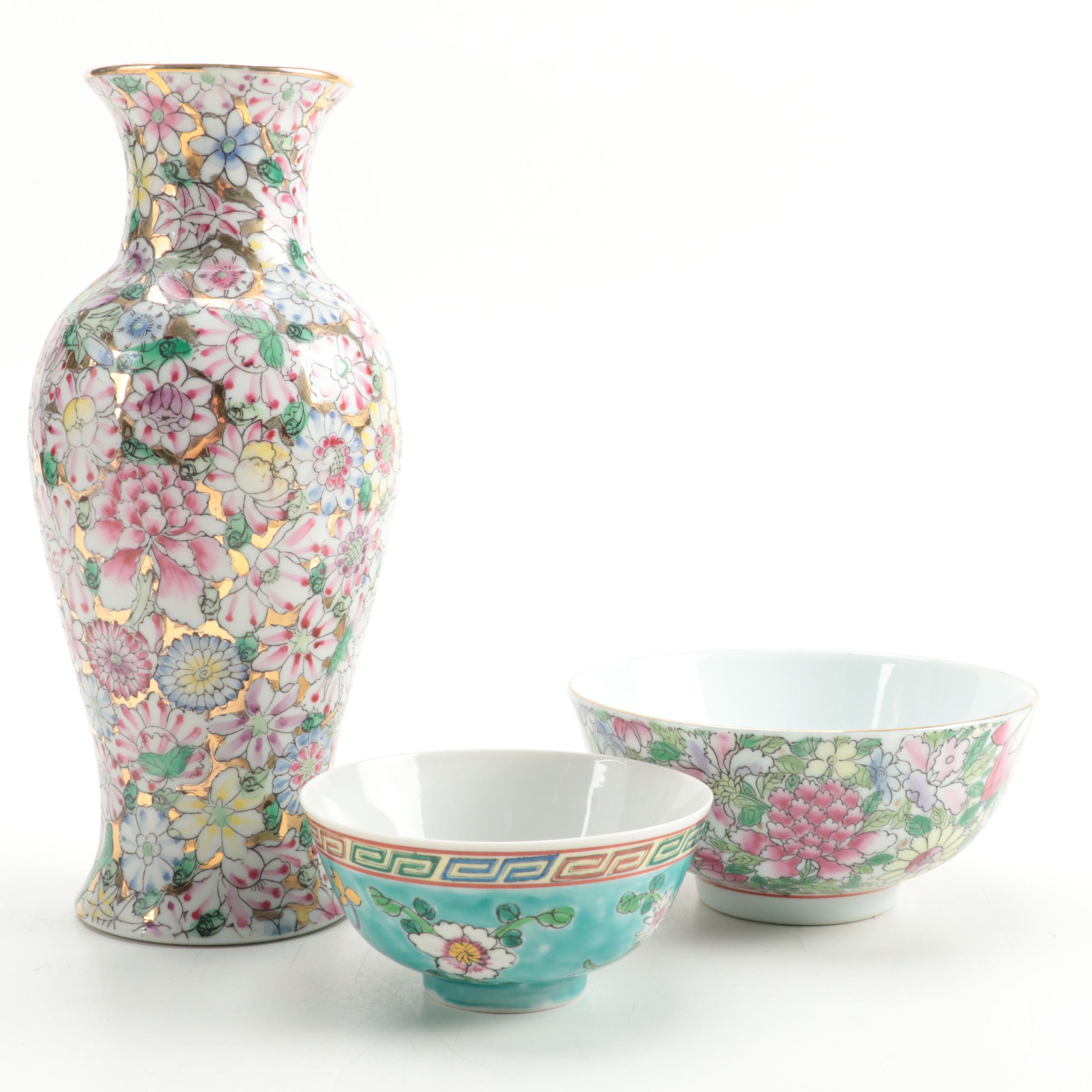 Chinese Decorative Porcelain Vase and Bowls
