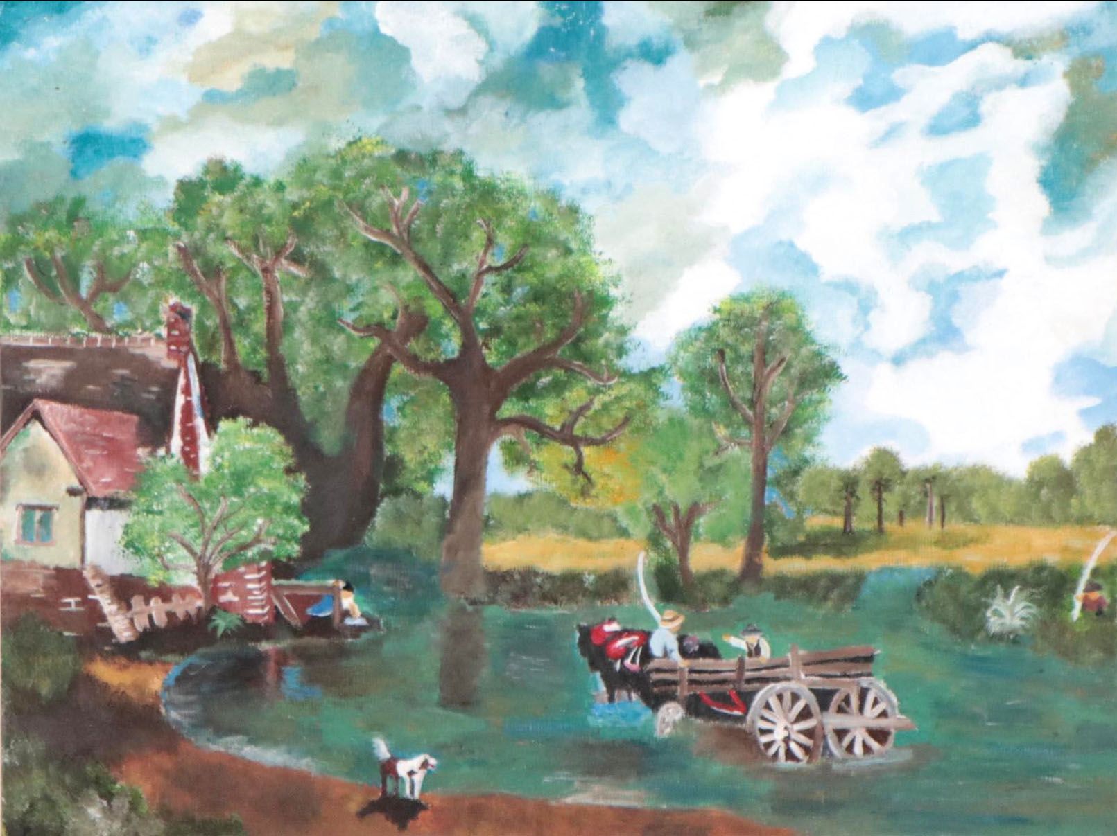 Folk Art Acrylic Painting After John Constable "The Hay Wain"