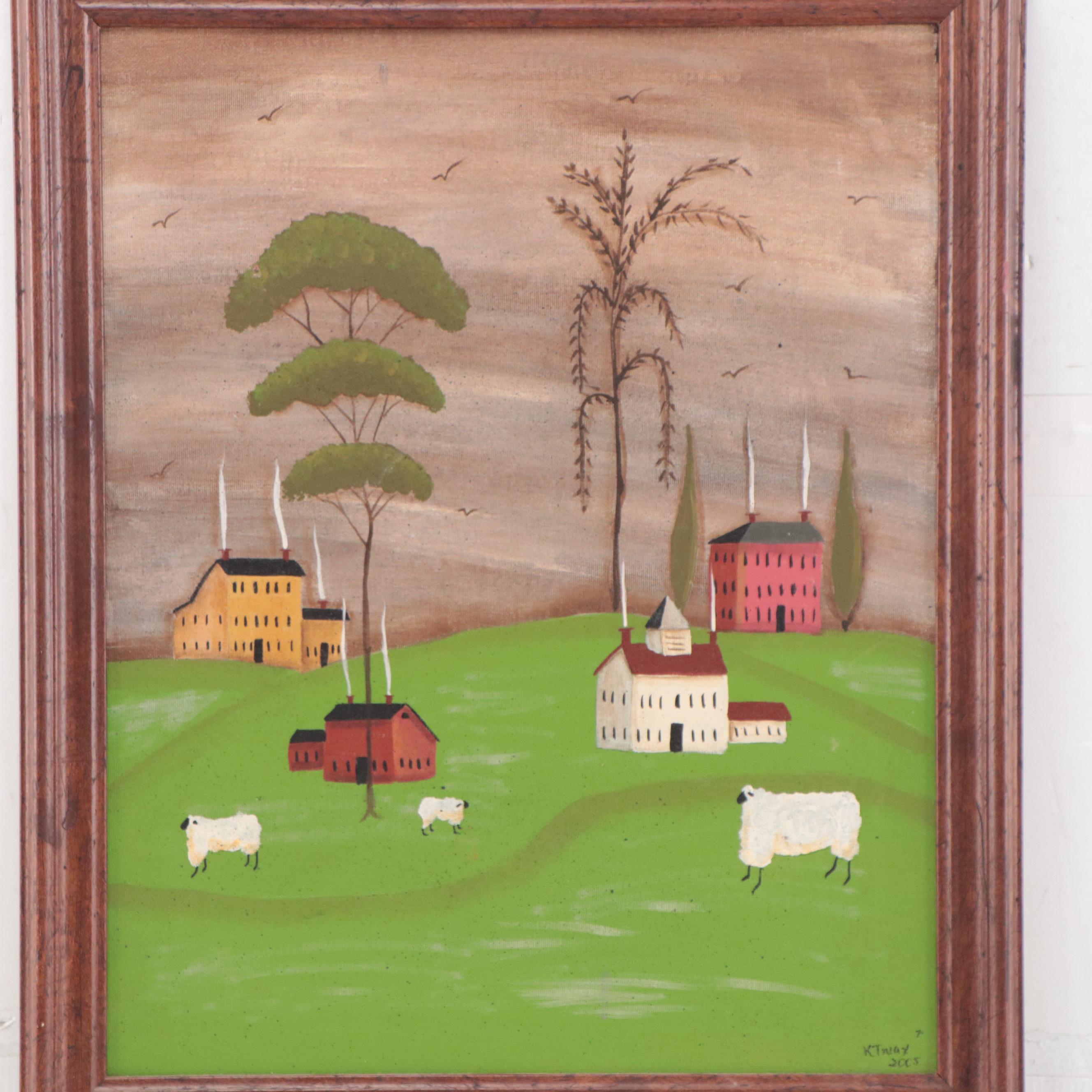 Kathy Truax Folk Art Farm Landscape Acrylic Painting, 2005