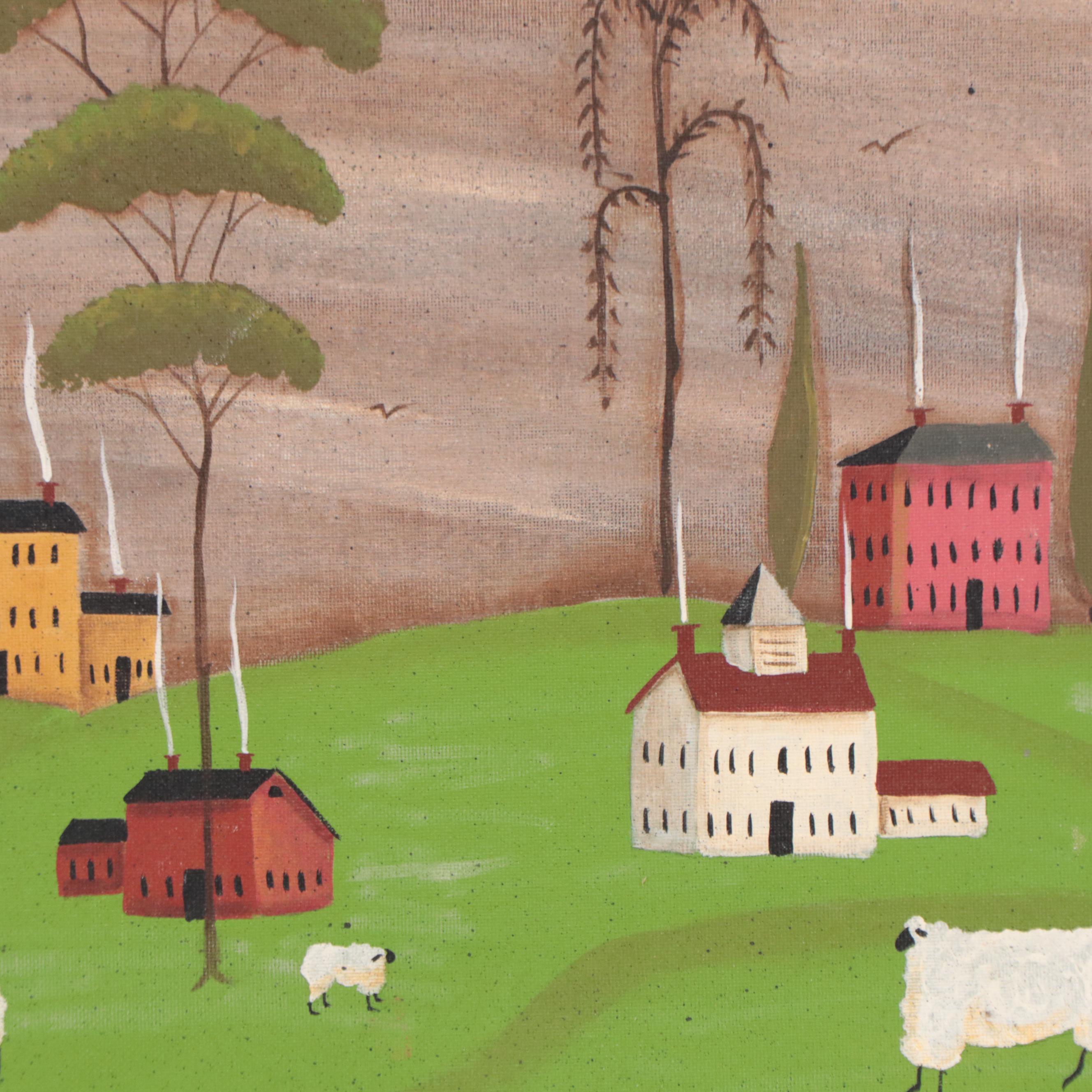 Kathy Truax Folk Art Farm Landscape Acrylic Painting, 2005