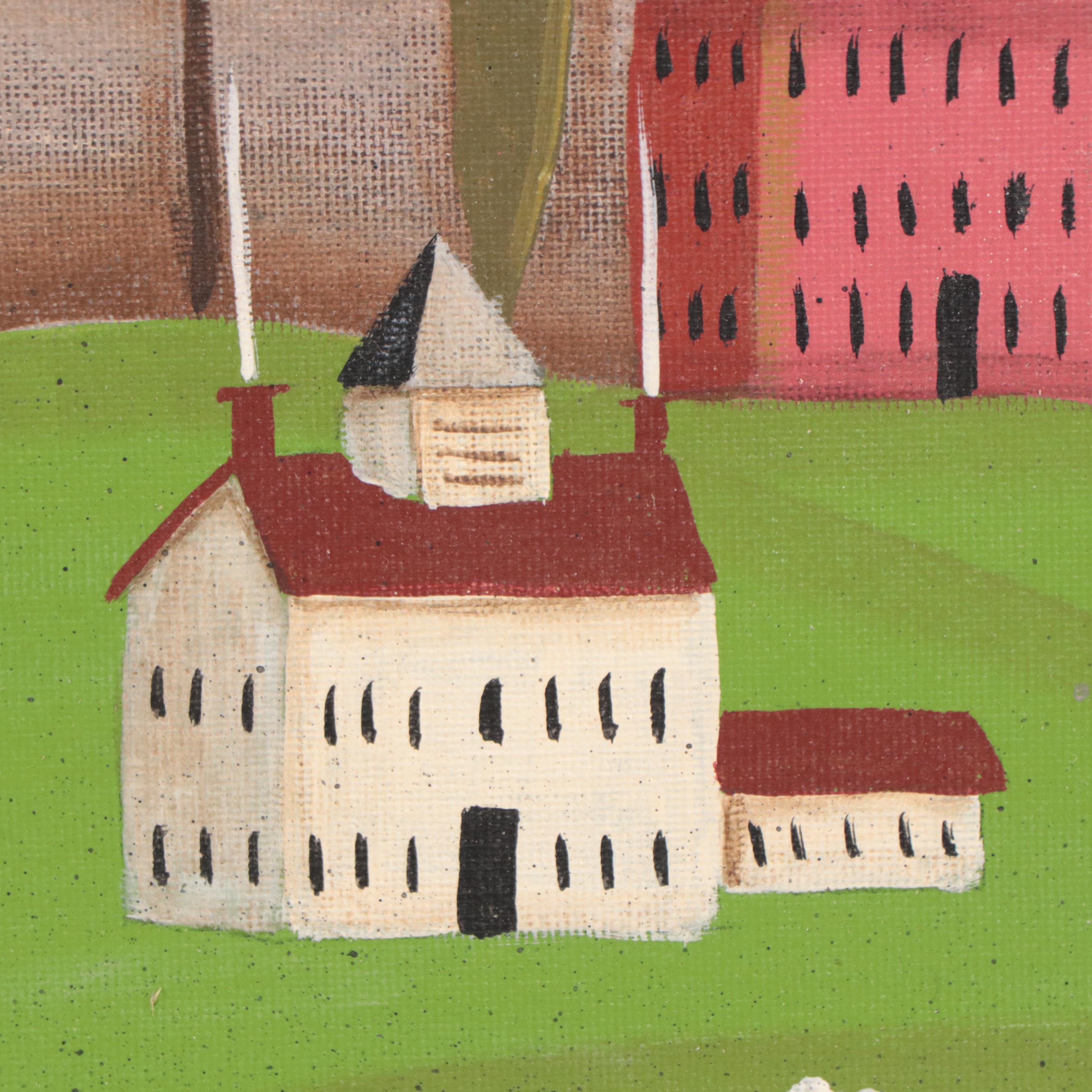 Kathy Truax Folk Art Farm Landscape Acrylic Painting, 2005