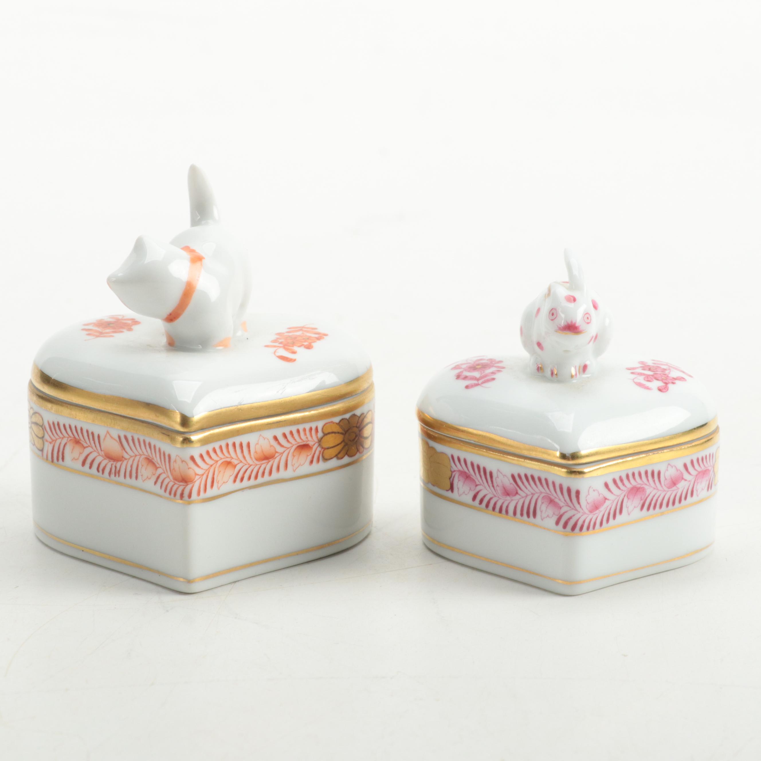Herend Porcelain Trinket Boxes with Kitten and Rabbit