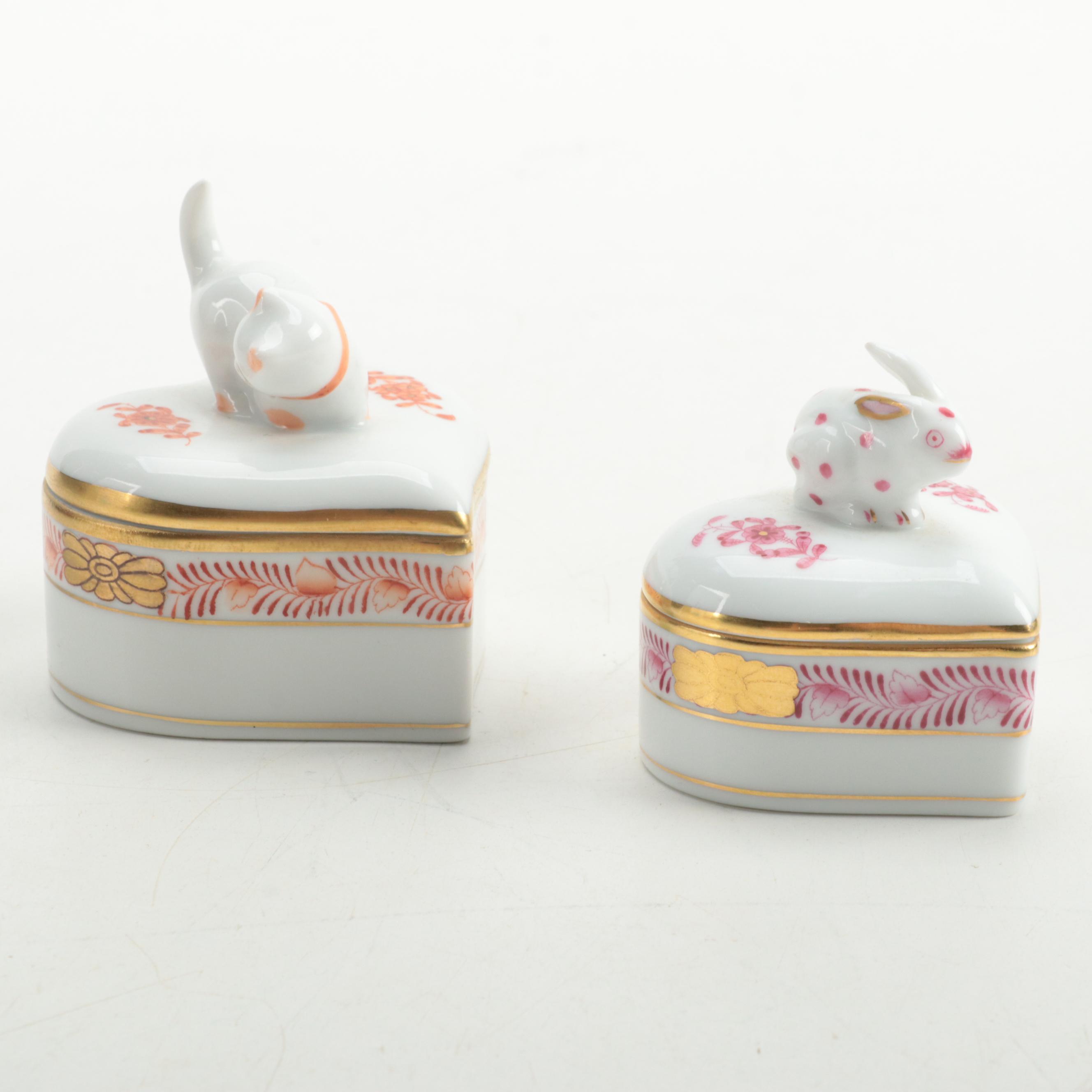 Herend Porcelain Trinket Boxes with Kitten and Rabbit