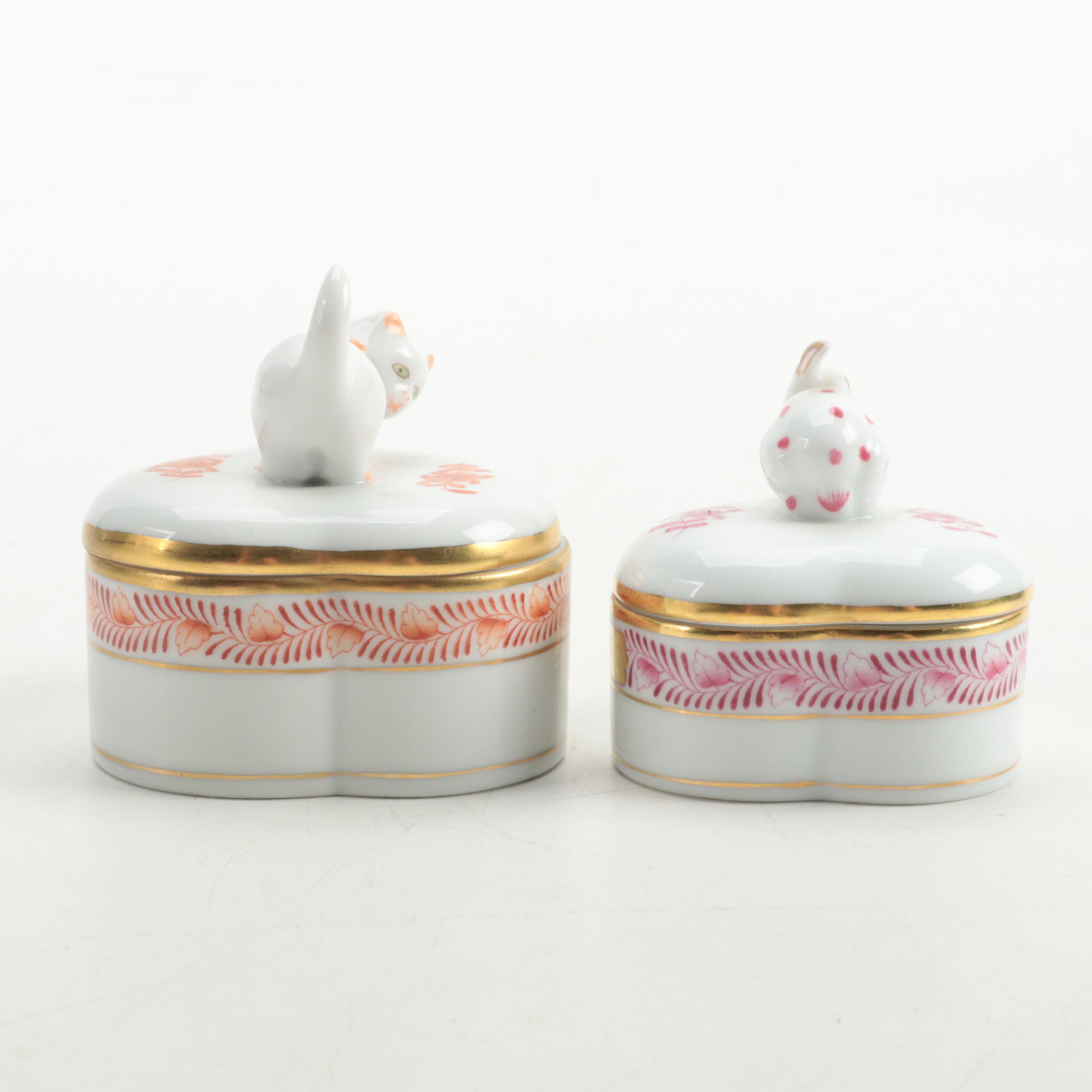 Herend Porcelain Trinket Boxes with Kitten and Rabbit