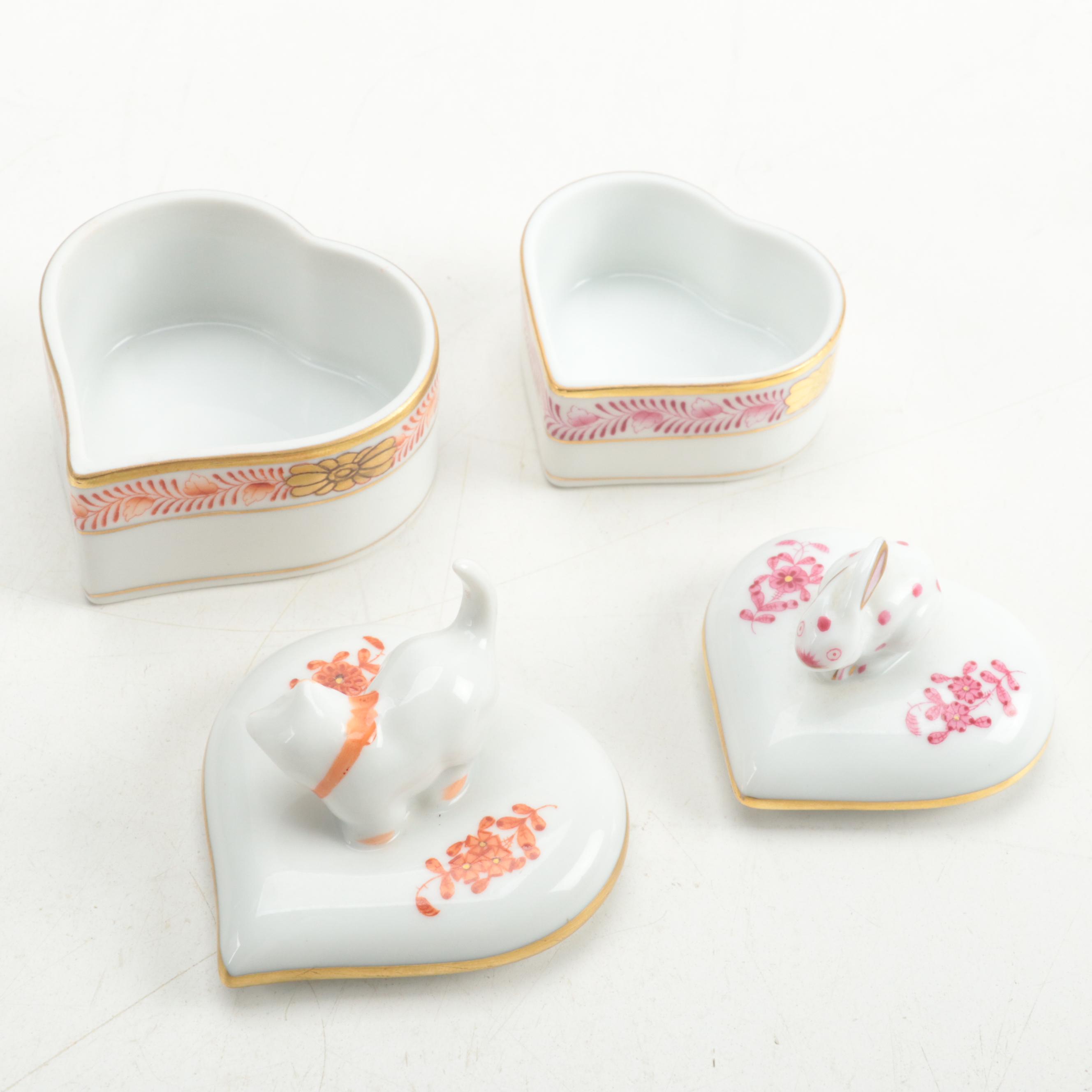Herend Porcelain Trinket Boxes with Kitten and Rabbit
