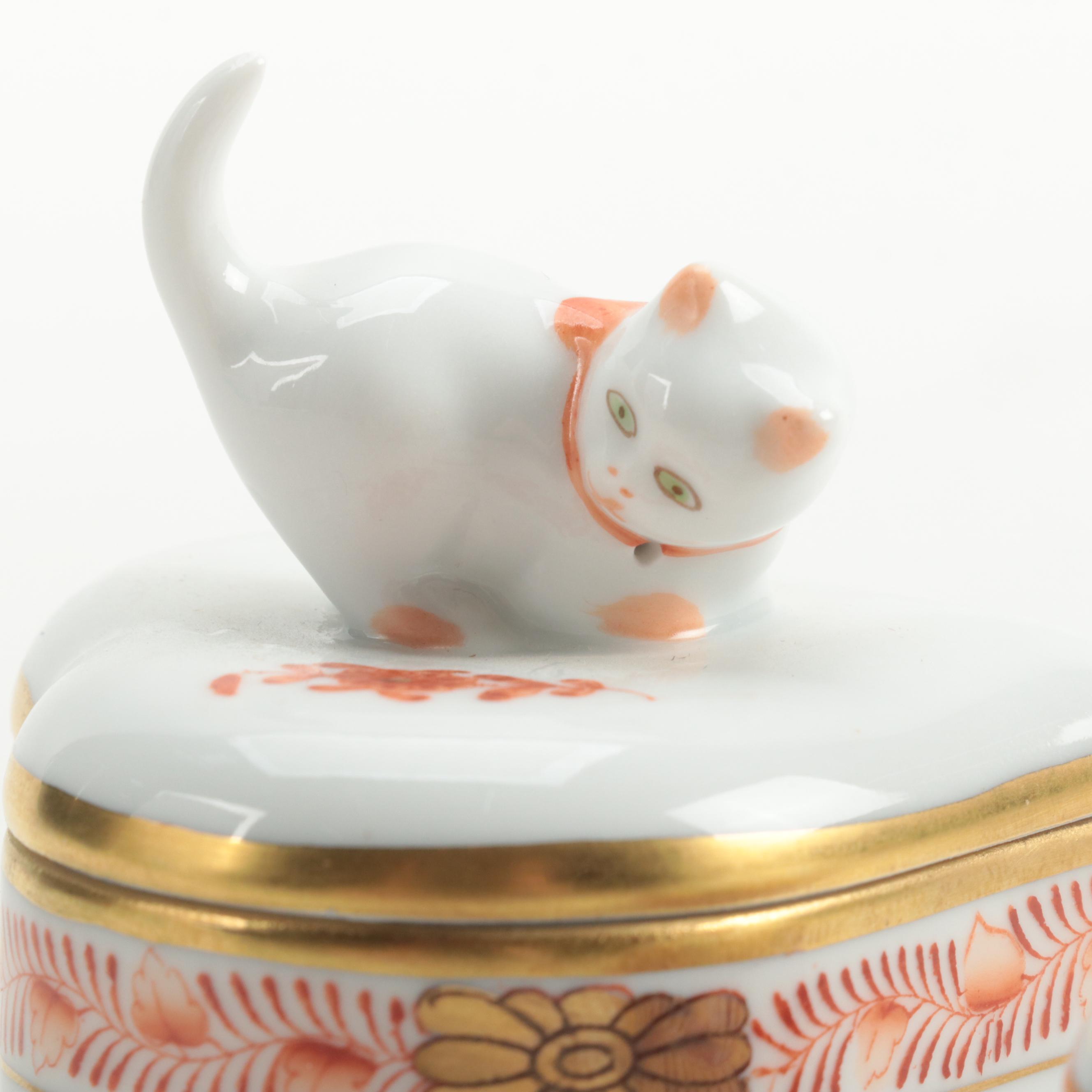 Herend Porcelain Trinket Boxes with Kitten and Rabbit