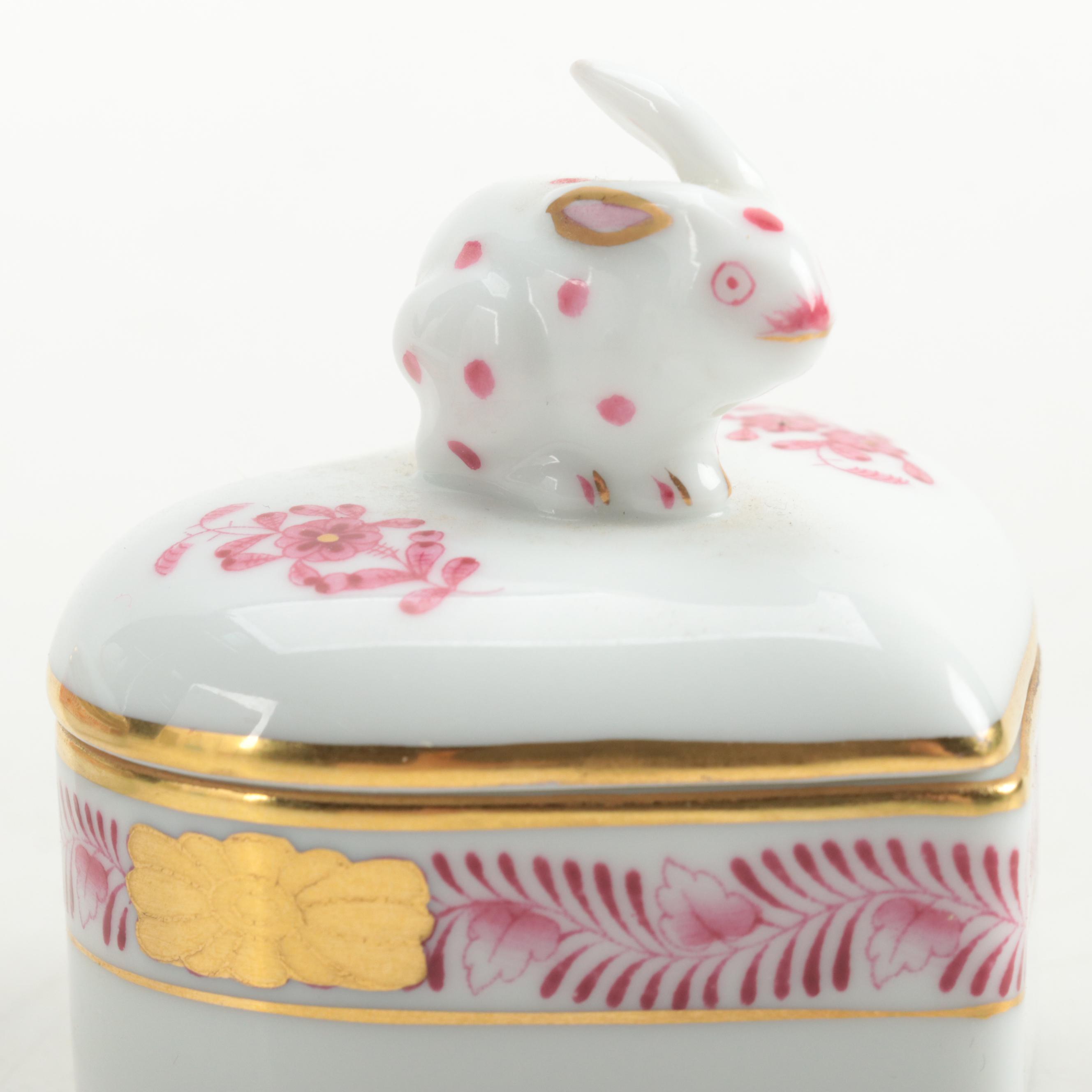 Herend Porcelain Trinket Boxes with Kitten and Rabbit