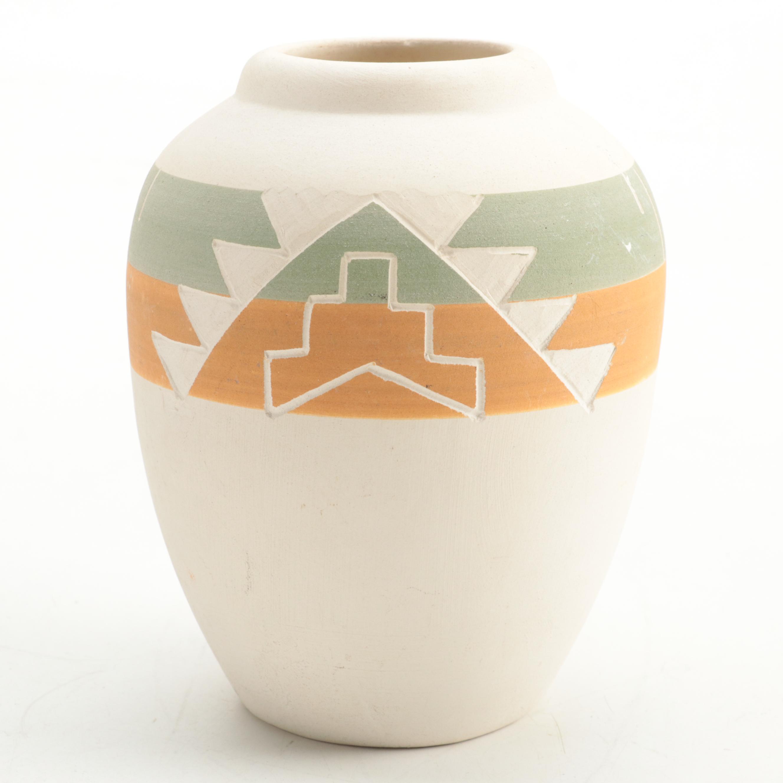 Sioux Pottery Etched and Painted Earthenware Vase