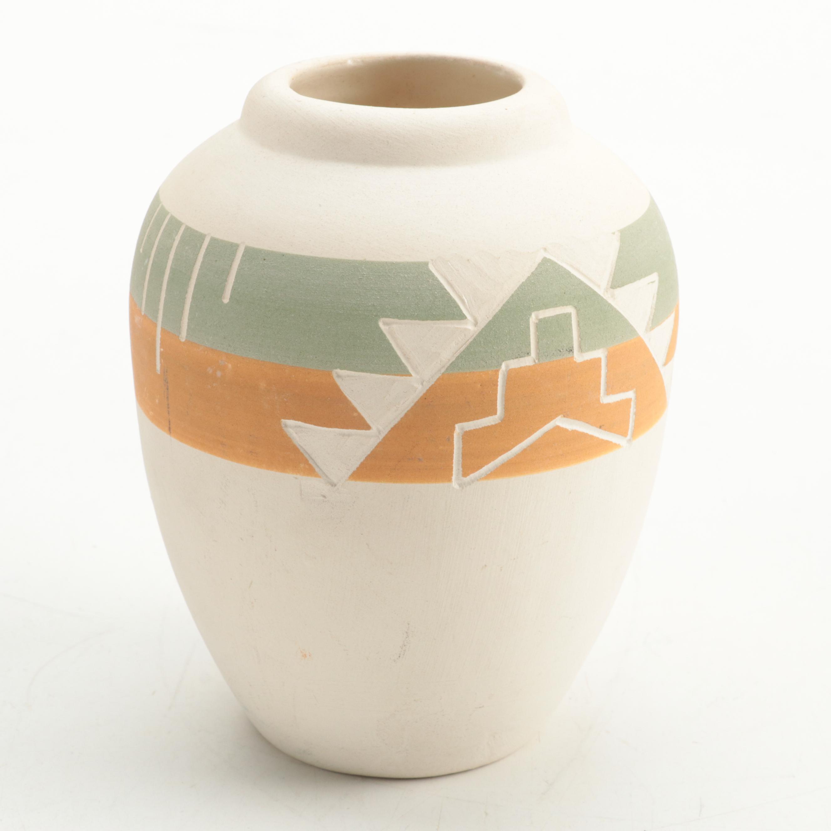 Sioux Pottery Etched and Painted Earthenware Vase