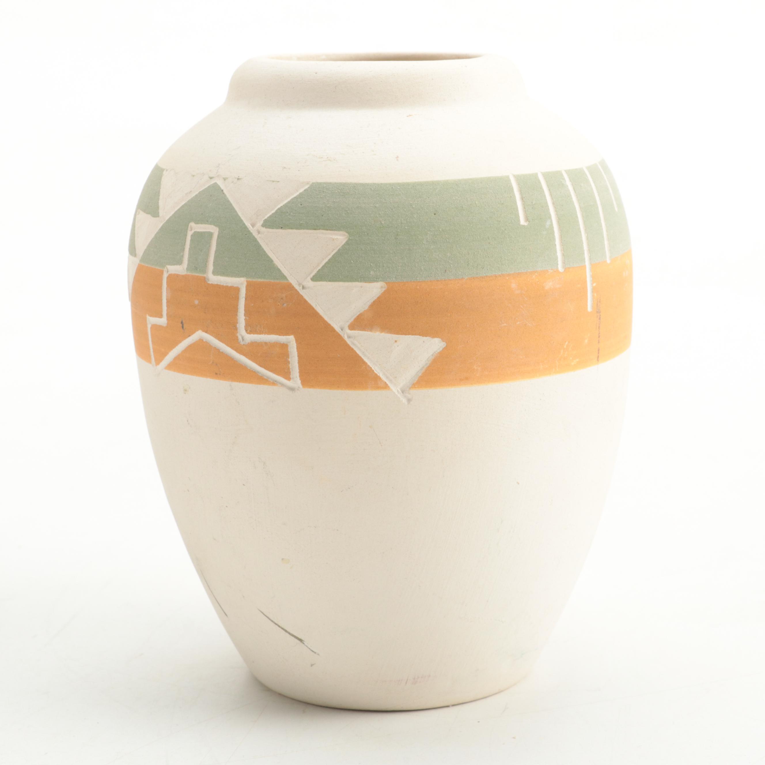 Sioux Pottery Etched and Painted Earthenware Vase