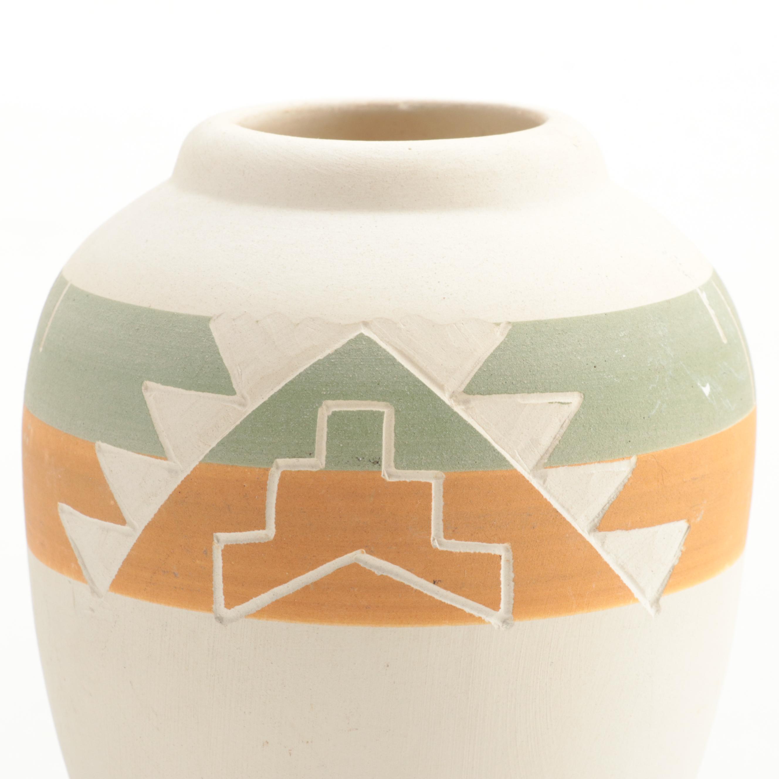 Sioux Pottery Etched and Painted Earthenware Vase