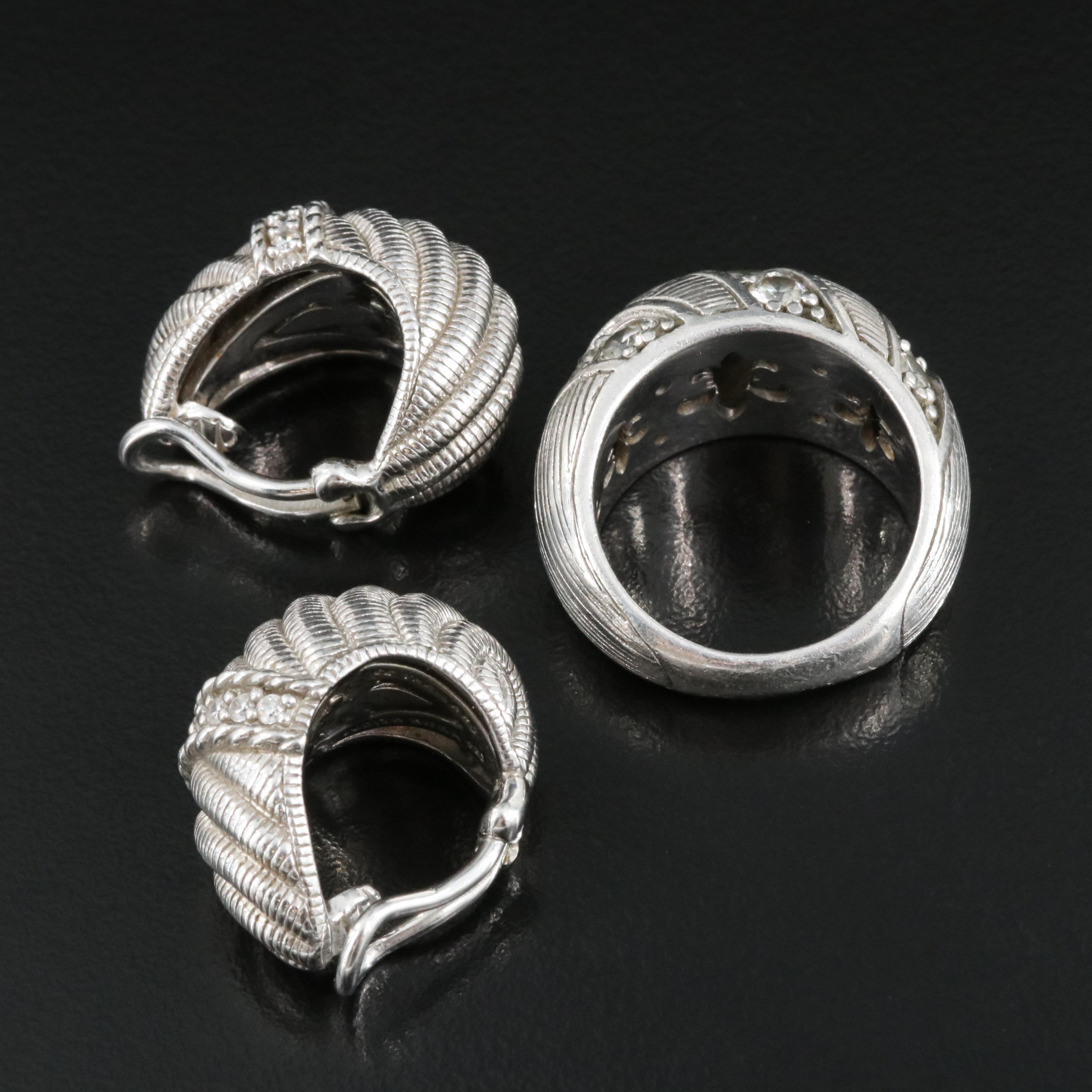 Judith Ripka Sterling Cubic Zirconia Ring and J Hoop Earrings
