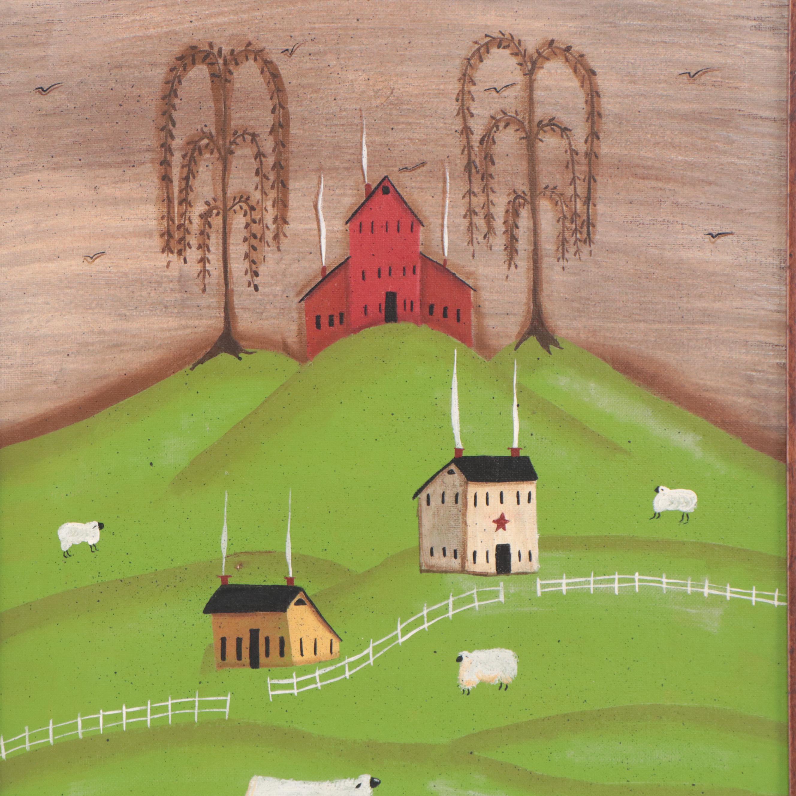 Kathy Truax Folk Art Farm Landscape Acrylic Painting, 2005