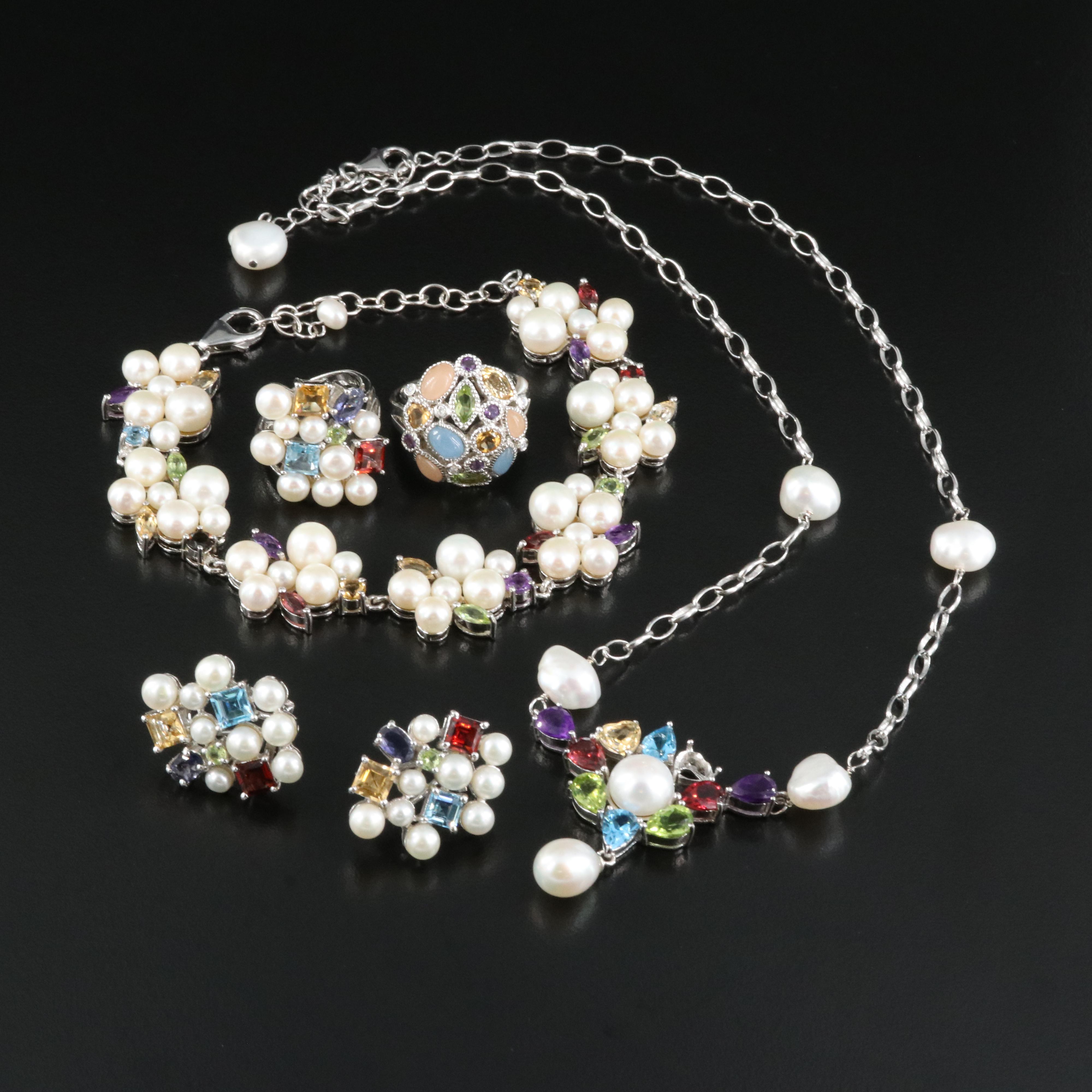 Sterling Jewelry Grouping Including Pearl, Citrine and Ring and Earring Set