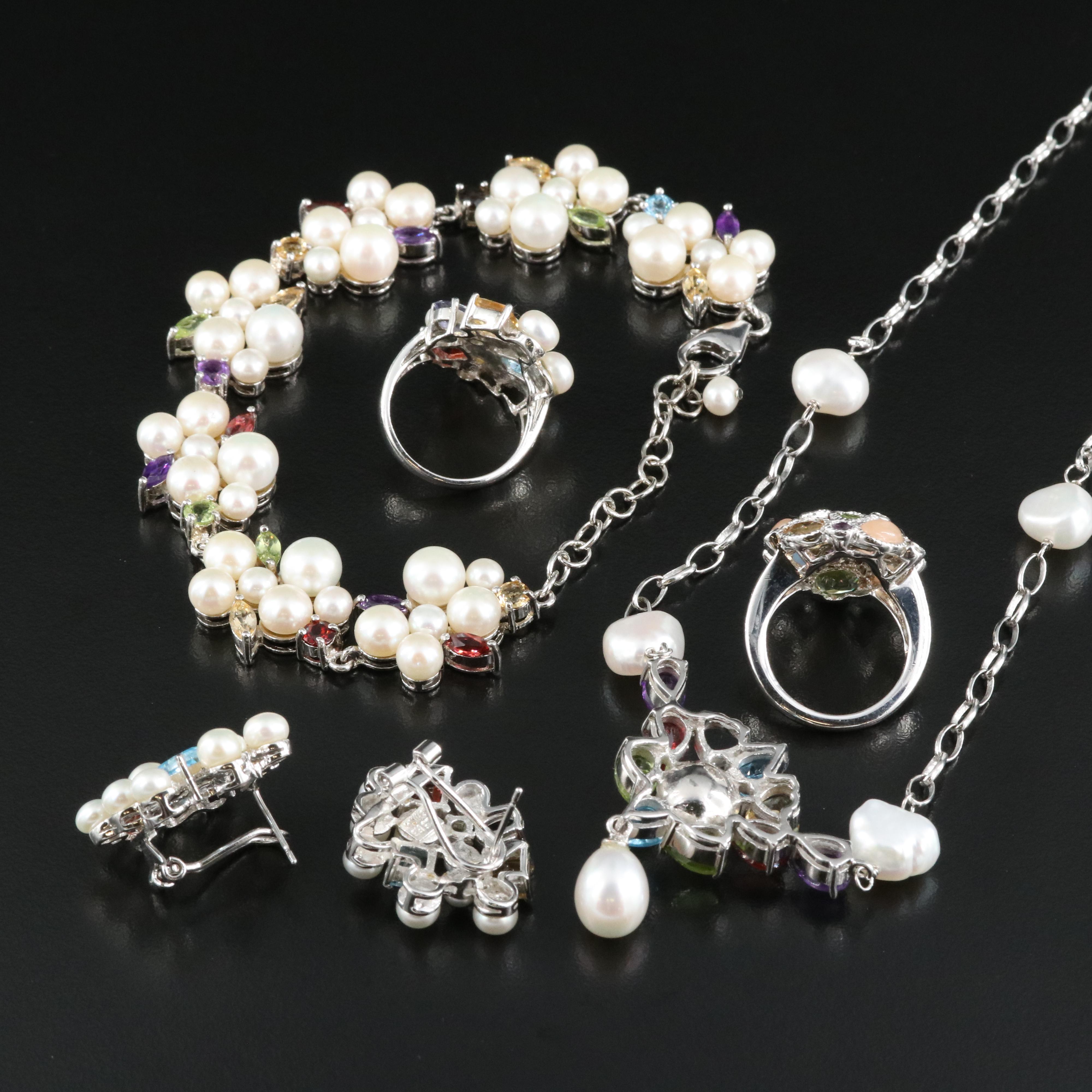 Sterling Jewelry Grouping Including Pearl, Citrine and Ring and Earring Set