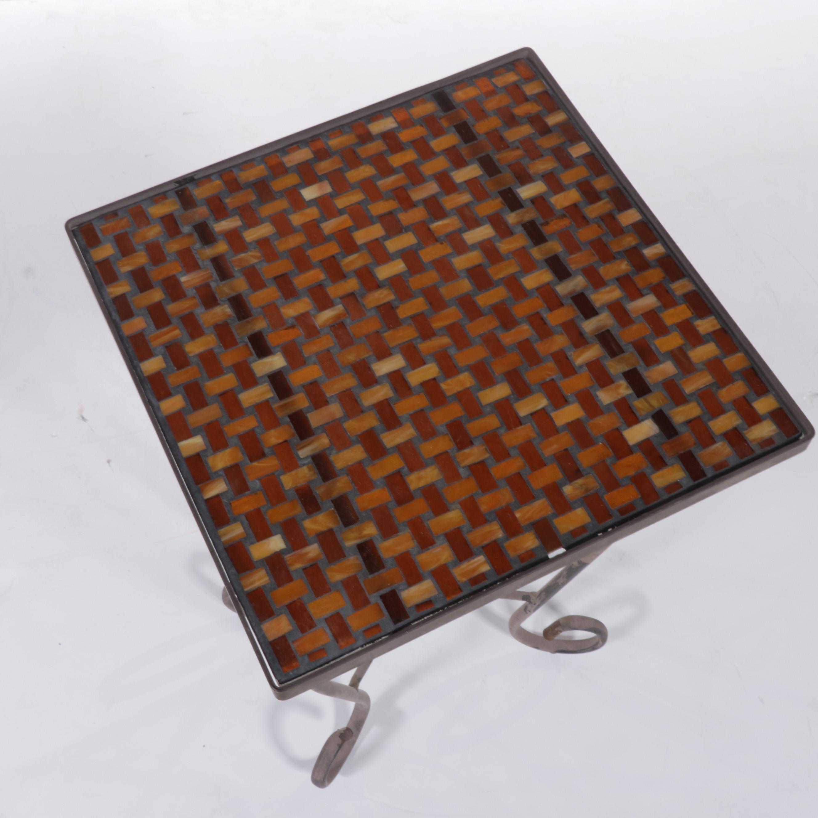 Patinated Metal and Glass Tile Top Side Table Plus Two Graduated Candle Holders