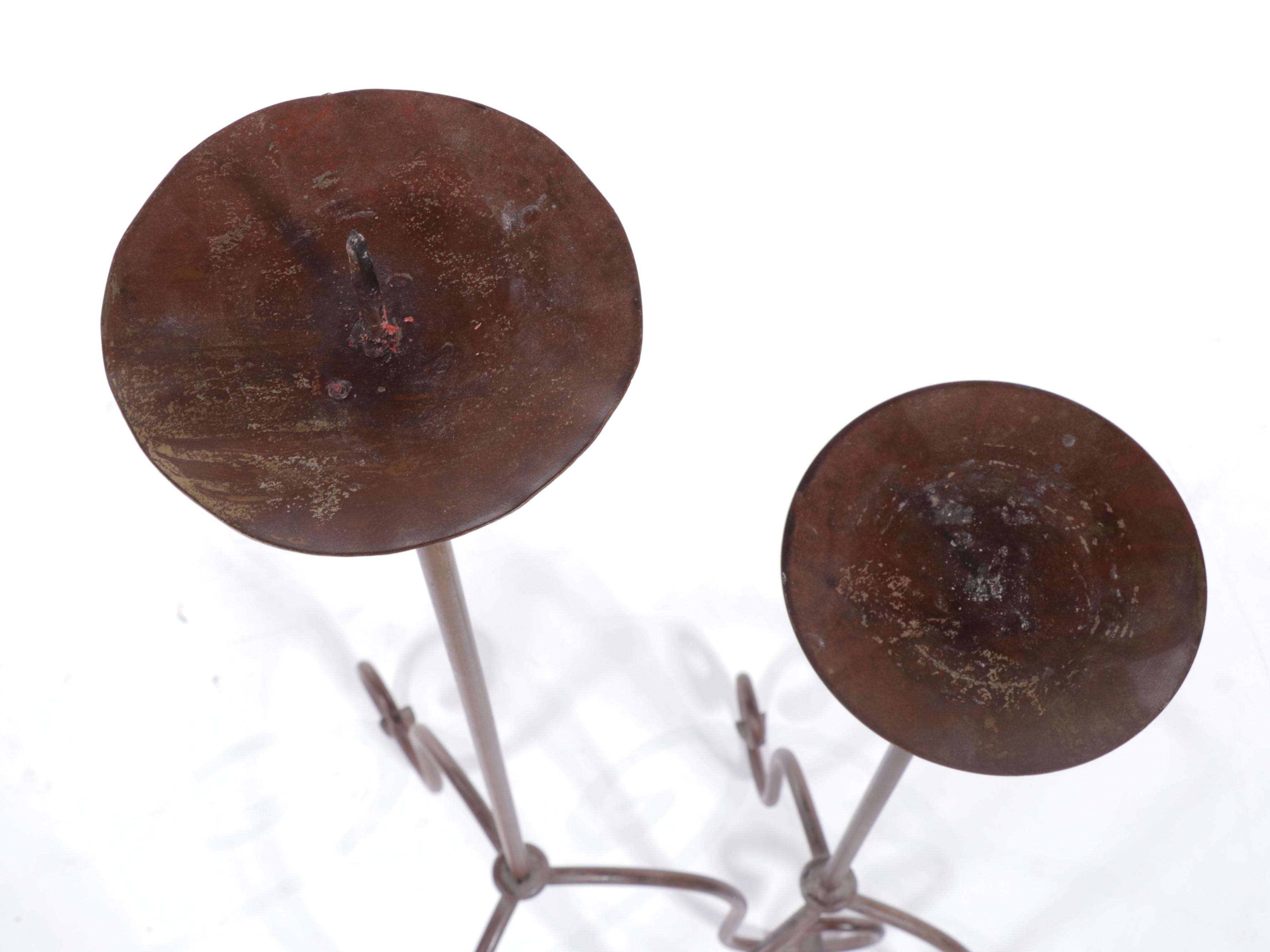 Patinated Metal and Glass Tile Top Side Table Plus Two Graduated Candle Holders