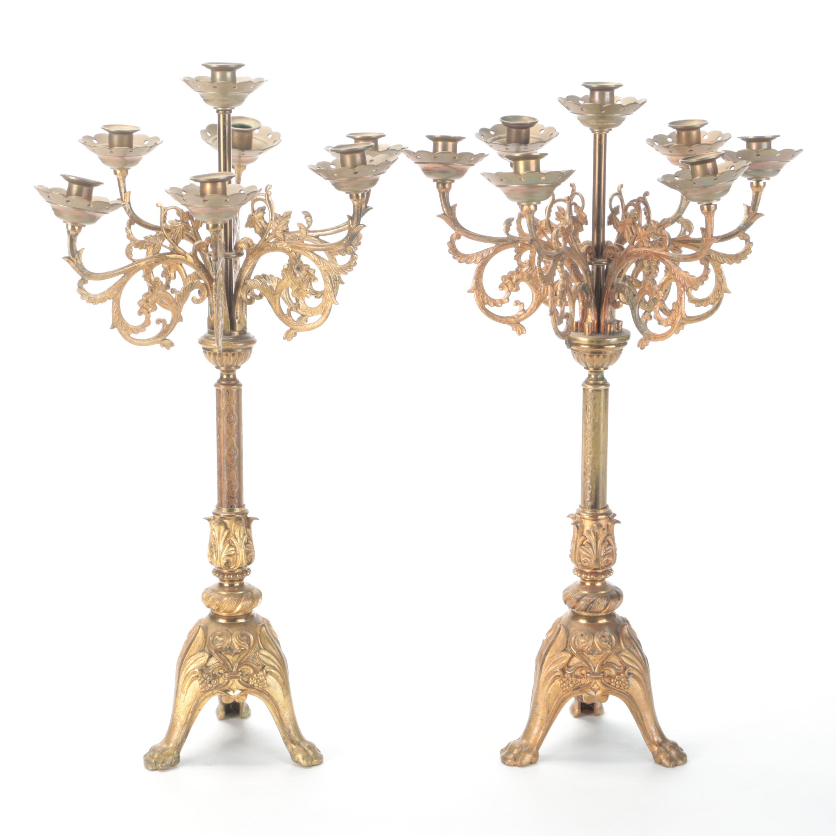 Pair of Cast Brass and Metal Seven-Arm Candelabra, Early to Mid-20th C