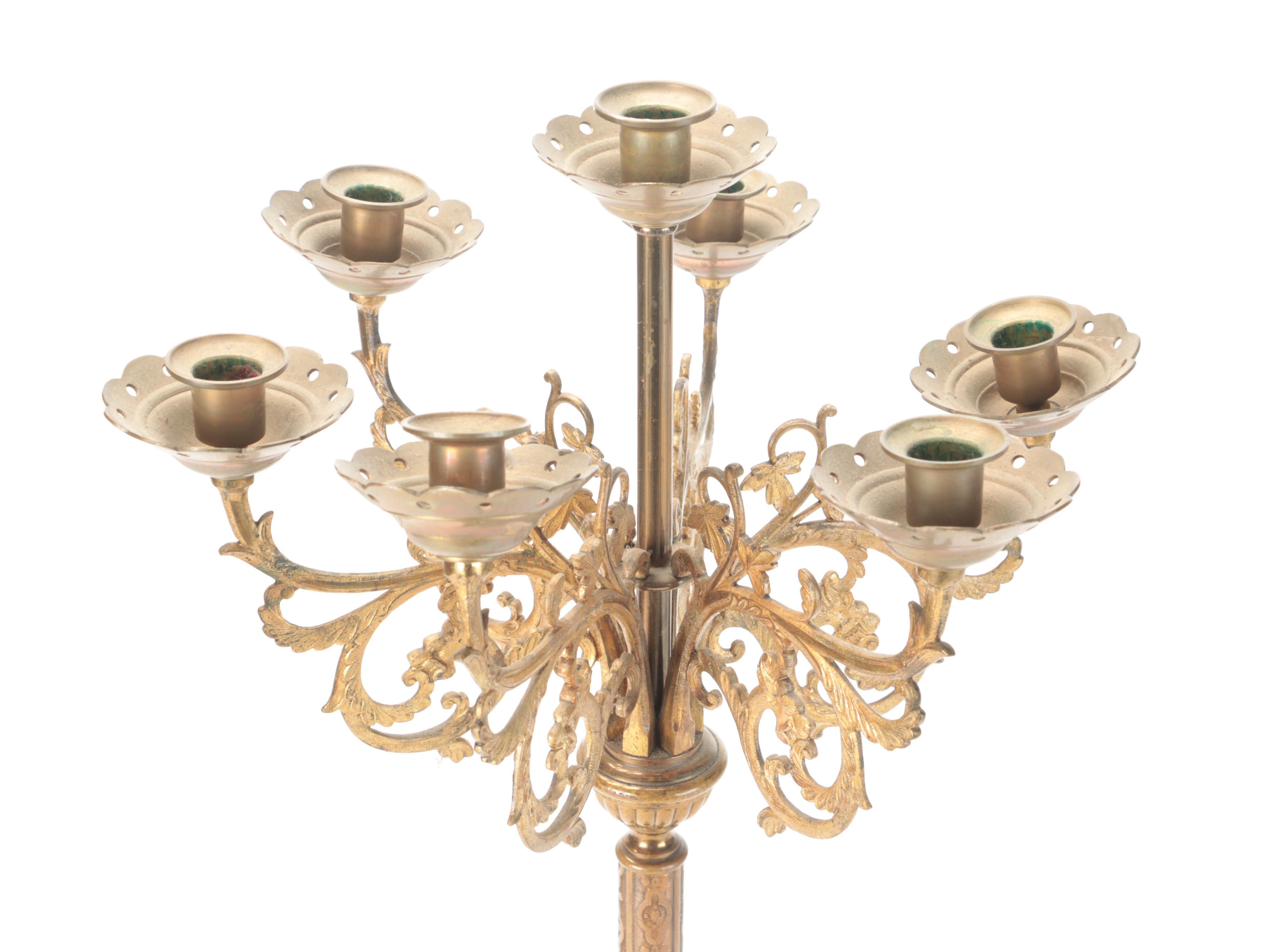 Pair of Cast Brass and Metal Seven-Arm Candelabra, Early to Mid-20th C