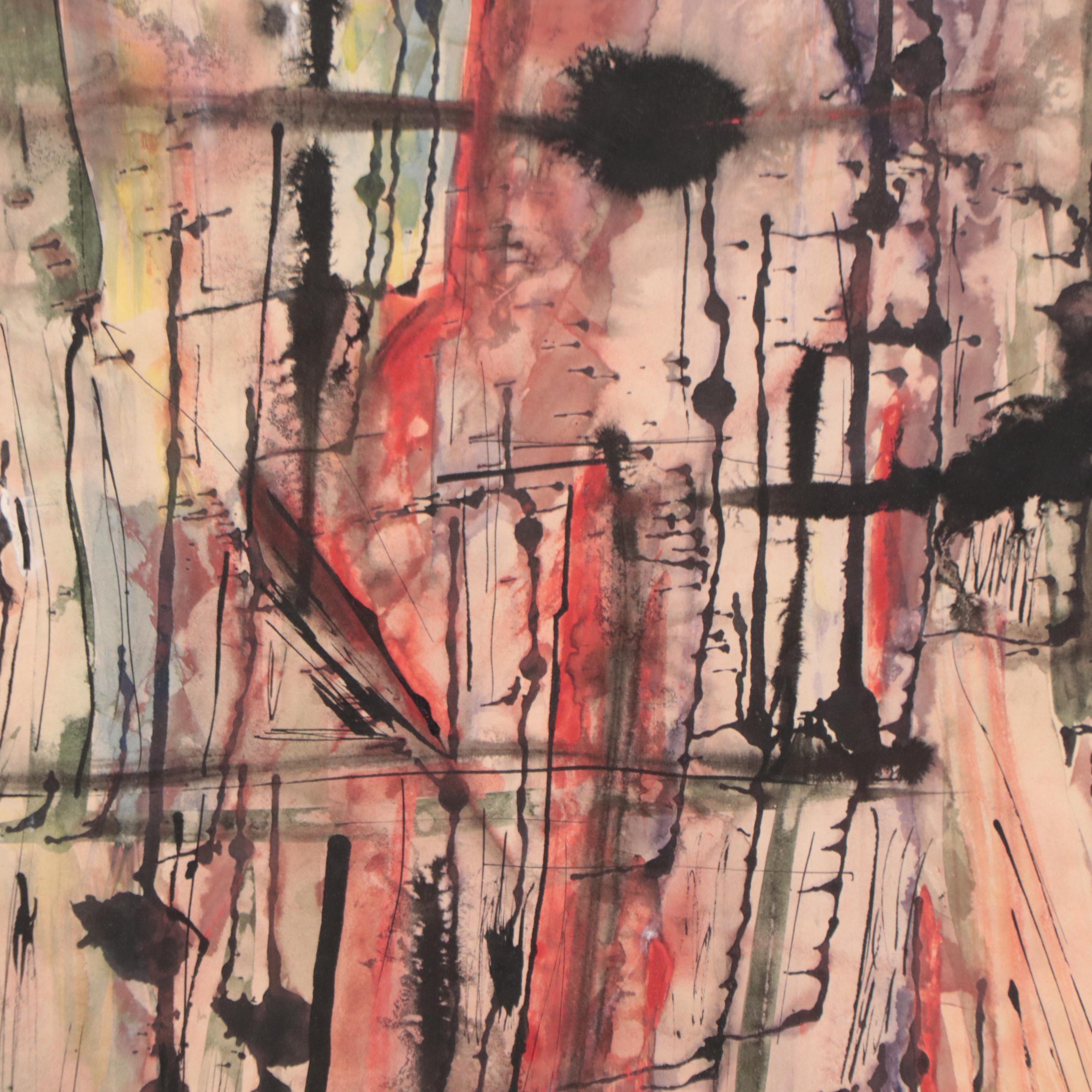 Abstract Expressionist Style Watercolor and Ink Painting, 1963