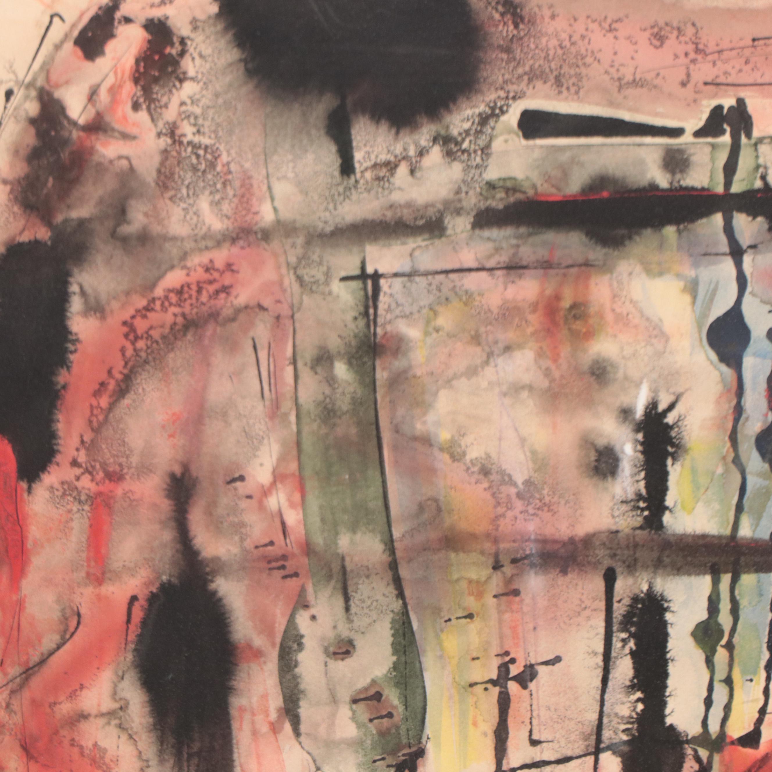 Abstract Expressionist Style Watercolor and Ink Painting, 1963