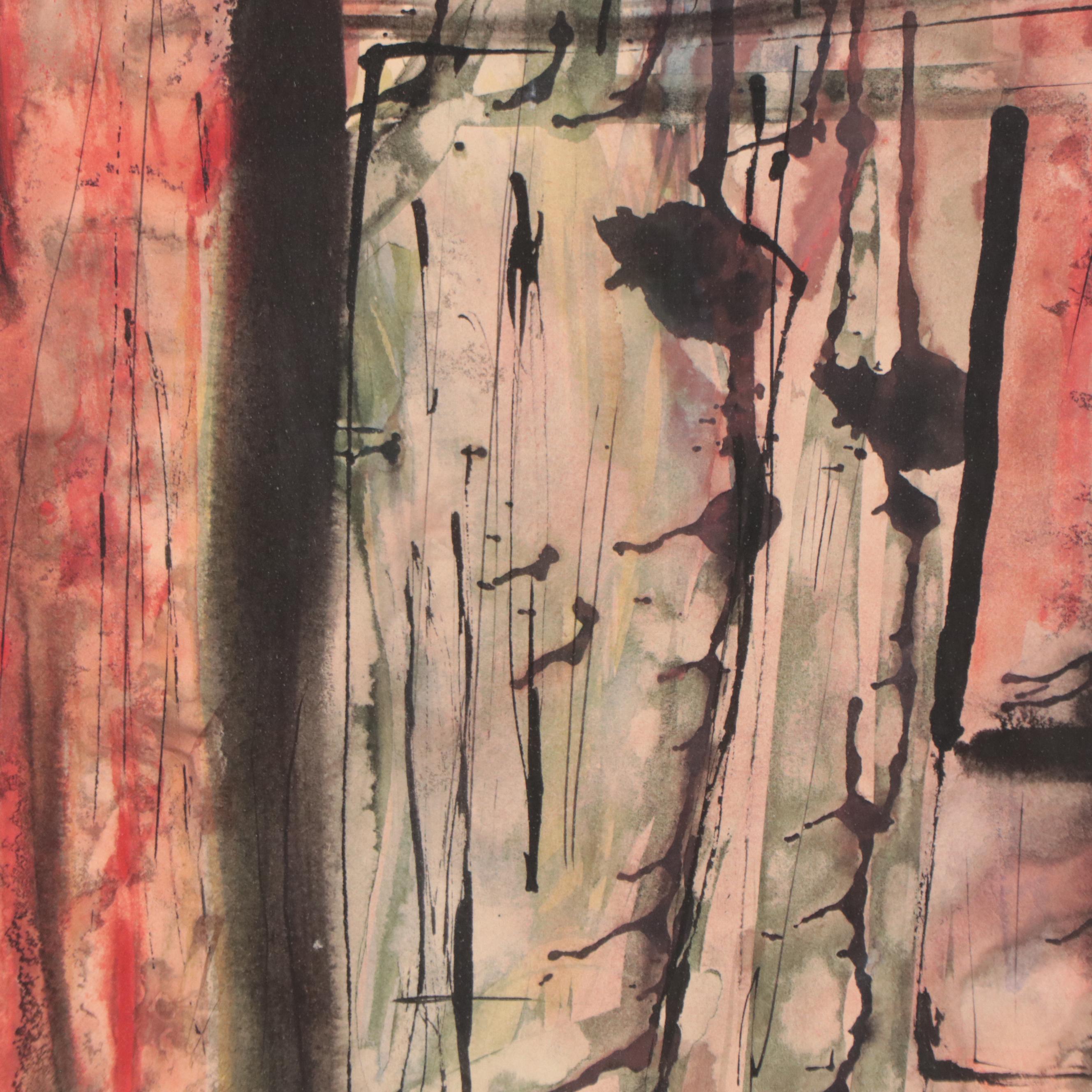 Abstract Expressionist Style Watercolor and Ink Painting, 1963