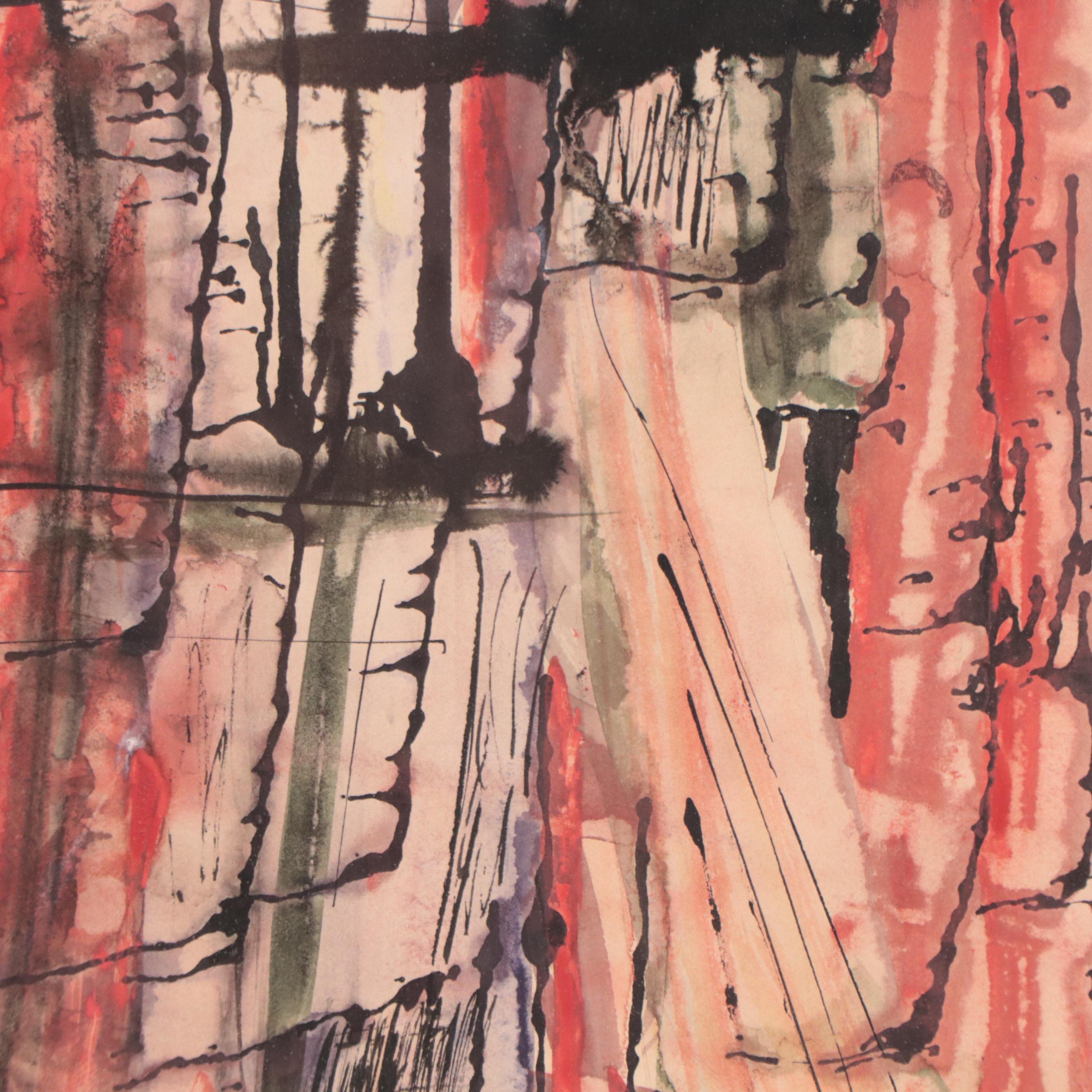 Abstract Expressionist Style Watercolor and Ink Painting, 1963