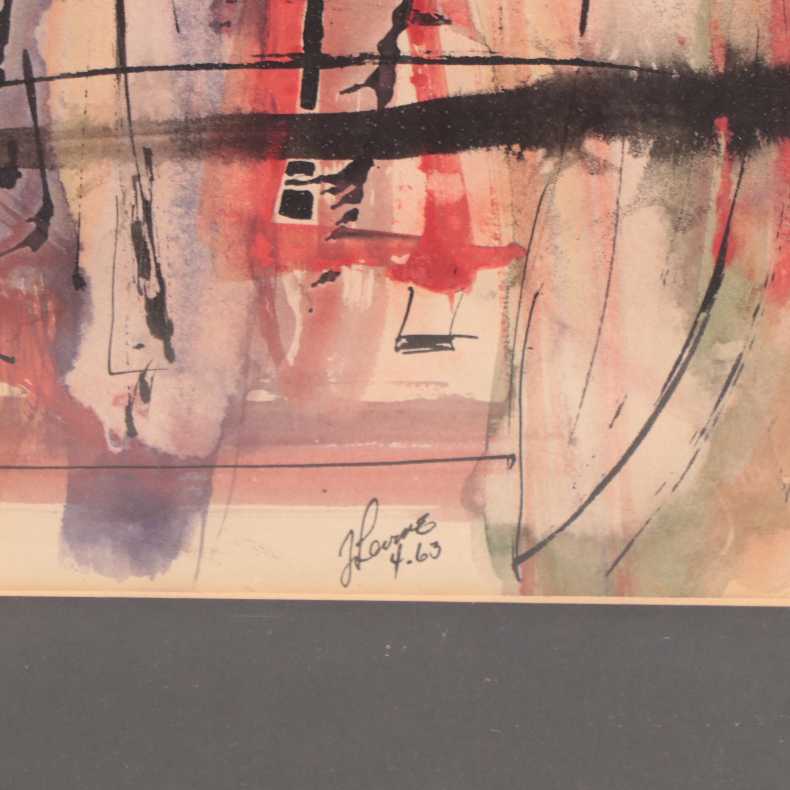 Abstract Expressionist Style Watercolor and Ink Painting, 1963