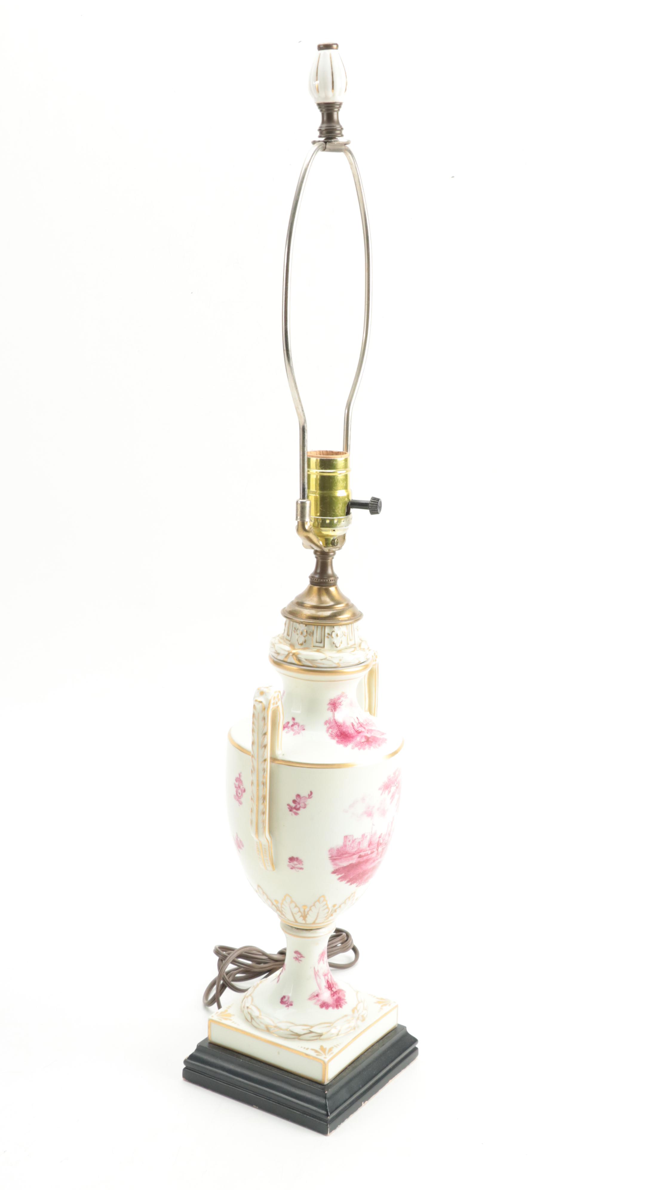 French Hand-Painted Porcelain Toile du Jouy Style Urn Table Lamp