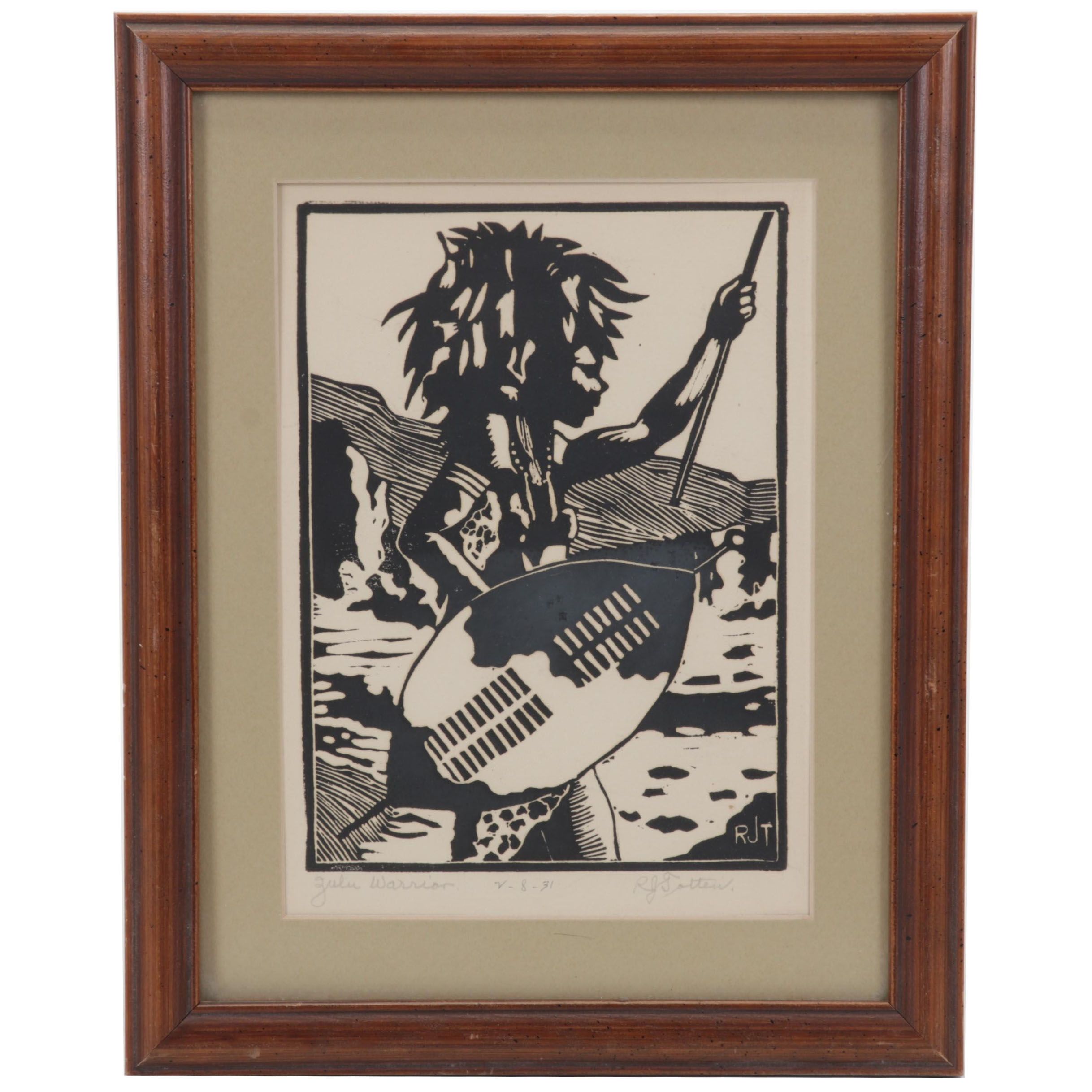 R J. Totten Linocut "Zulu Warrior," 1931