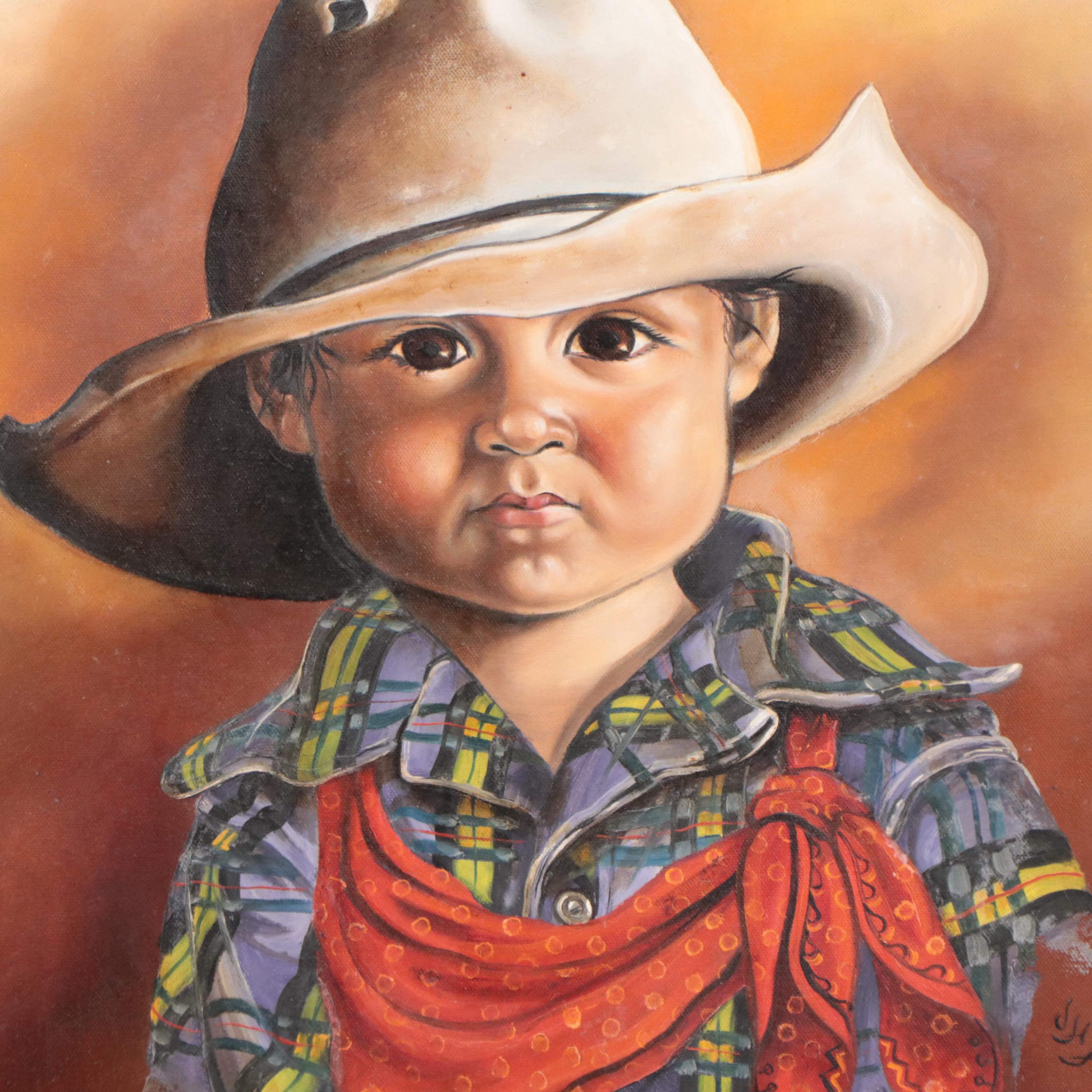J. H. Asher Western Portrait Oil Painting of a Little Boy, 1984