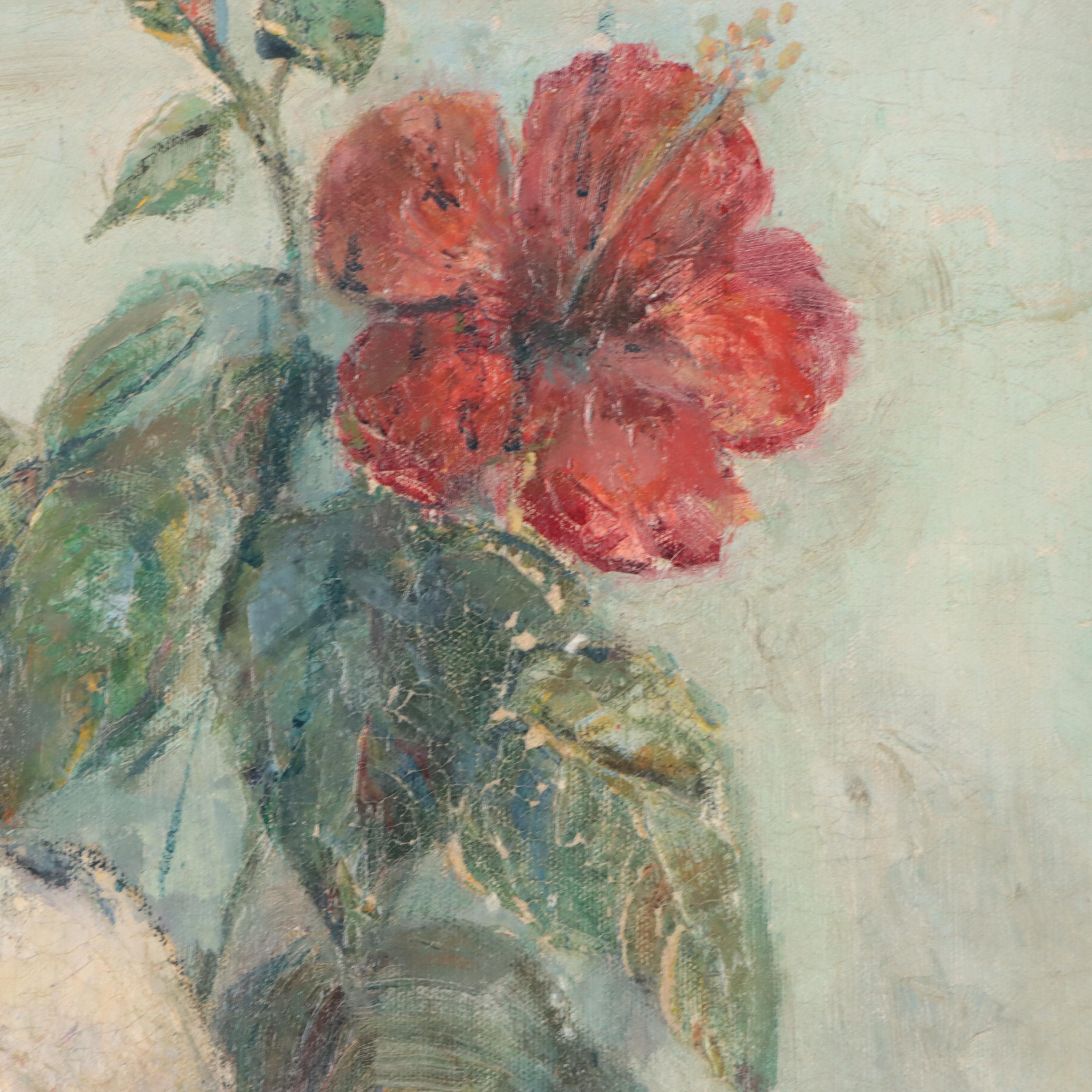 Oil Painting of Still Life With Hibiscus and Crane Figurine