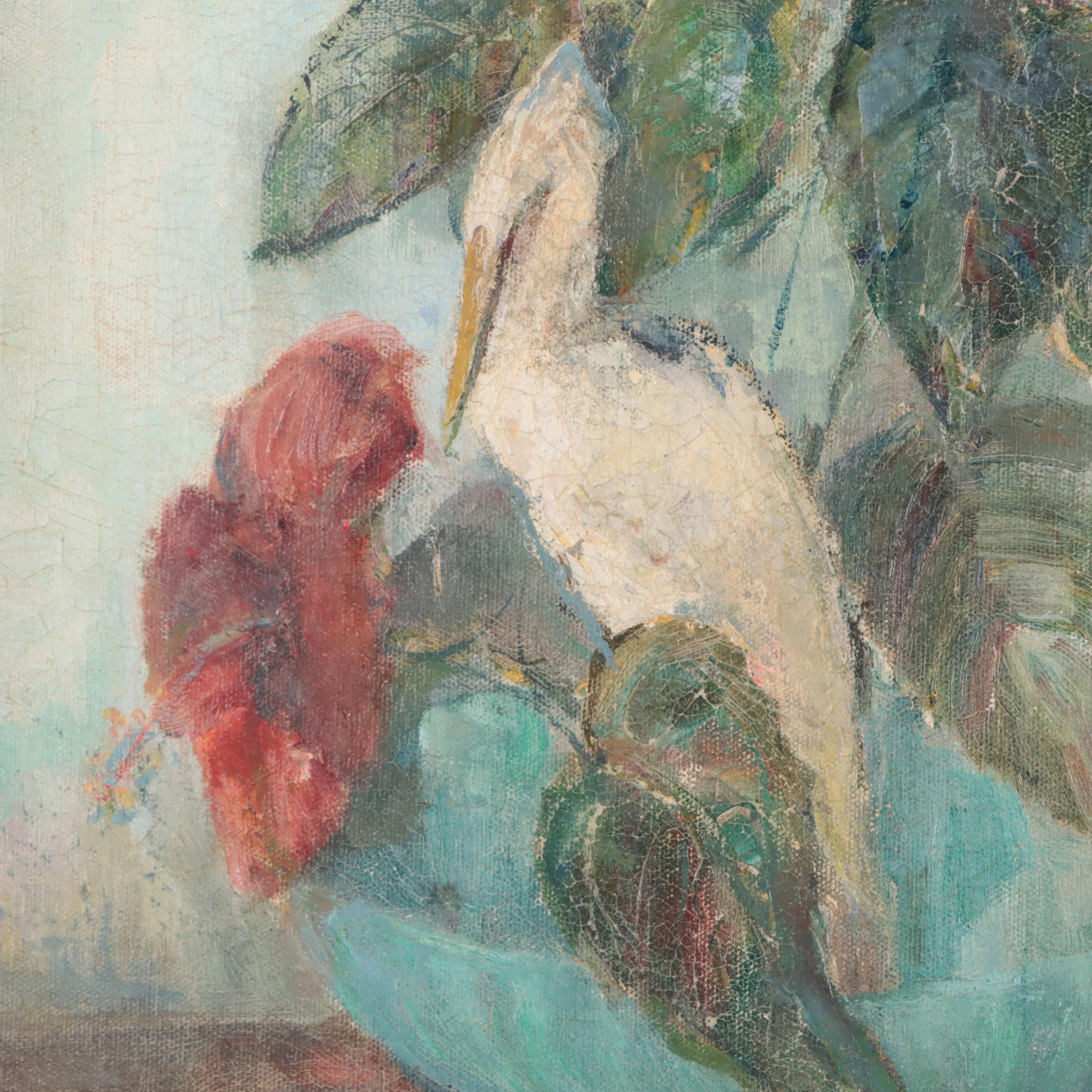 Oil Painting of Still Life With Hibiscus and Crane Figurine